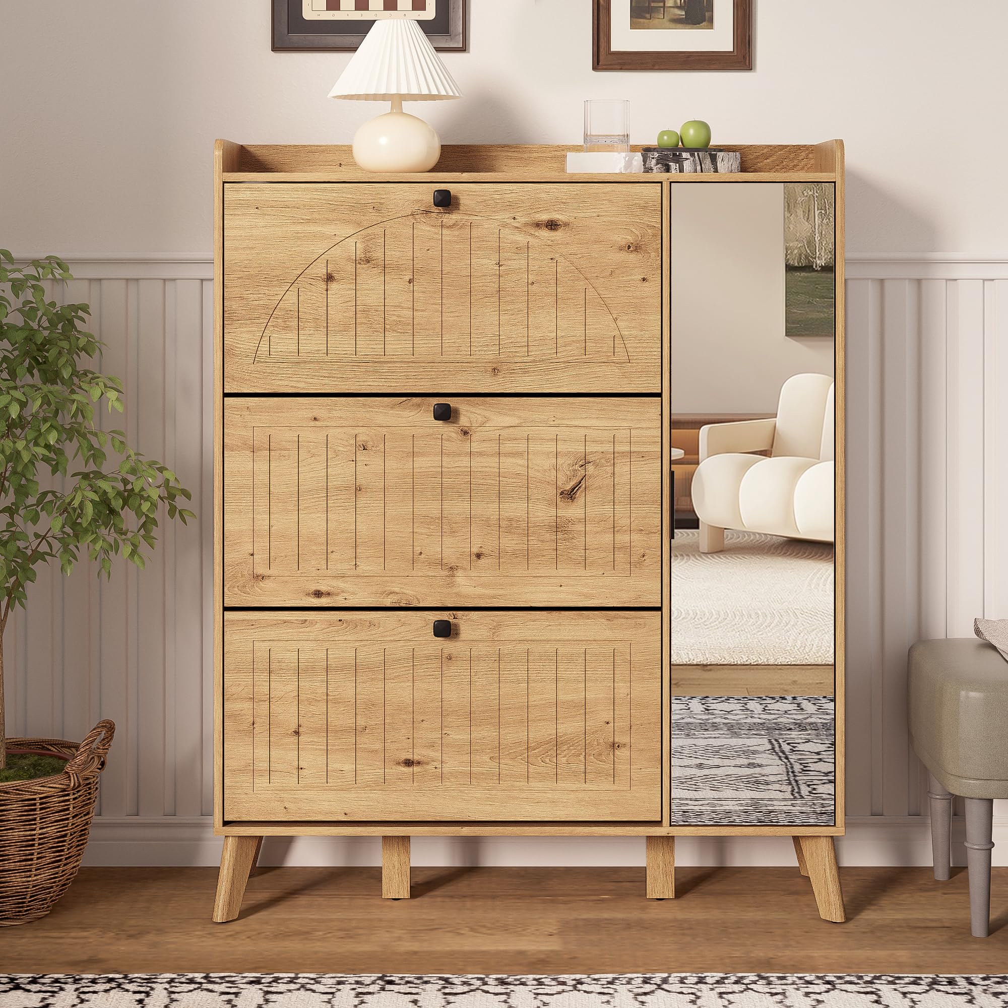 Scarpiera da corridoio, 110 x 24 x 137,5 cm, con specchio, 3 scomparti pieghevoli e ripiani, effetto legno, robusta scarpiera per ingressi stretti, design nordico