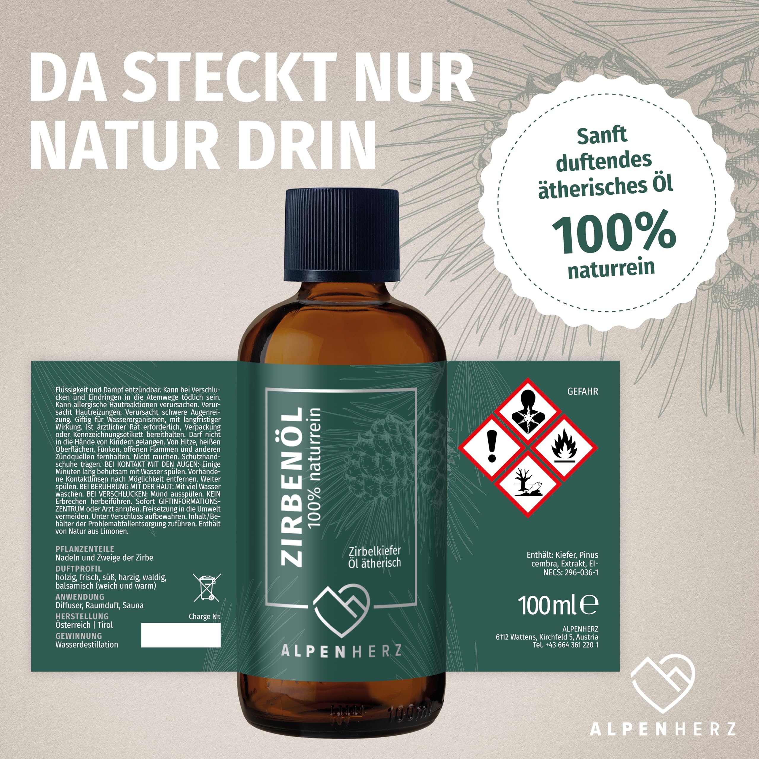 Alpenherz Zirbenöl 100 ml mit Duftstein aus Zirbenholz - 100% naturrein ätherisches Zirbelkieferöl aus Österreich Duftöl Raumduft Duftlampe Zirbenwürfel Diffuser Zirbe Zirbelkiefer Öl