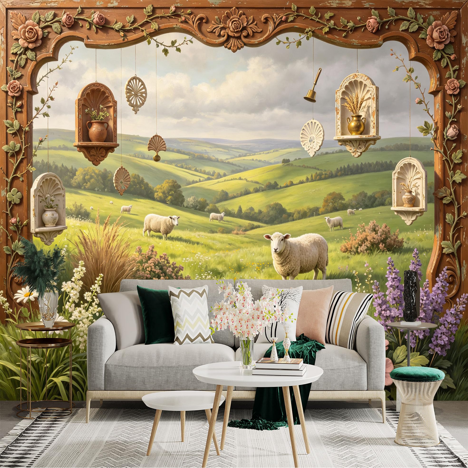 Lnzczhyre Bh260719772 Custom Size Wall Sticker Mural， Sheep Grazing In Rolling Green Hills， Pastoral Meadow Landscape， Floral Frame With Hanging Shelves， For Wall Decoration， Peelandstick Wall Decals.