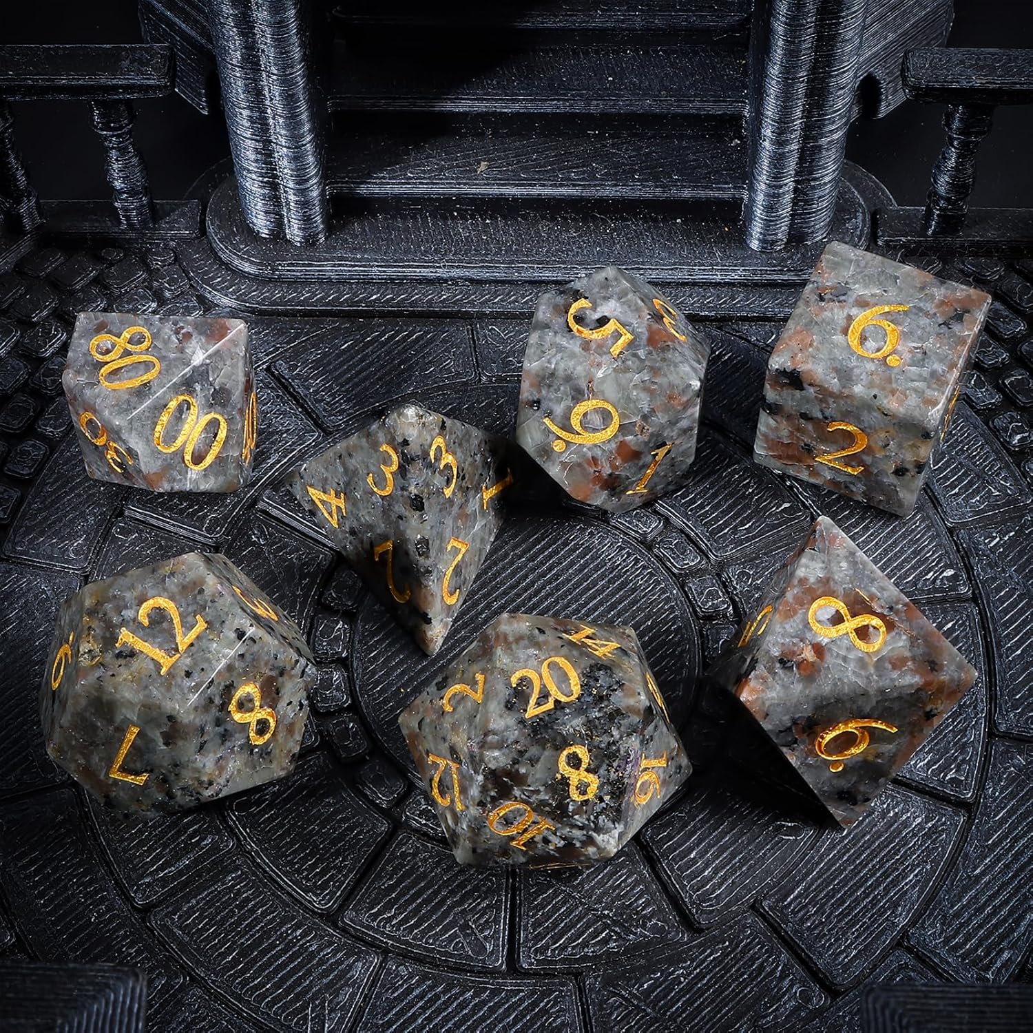 LUCKY-M Natural Flame Yooperlite Gemstone DND Dice, Birthday Gifts for Him, 7PCS Dungeons and Dragons Dice Set with Case for RPG, Handmade Cool Dice Sets D&D