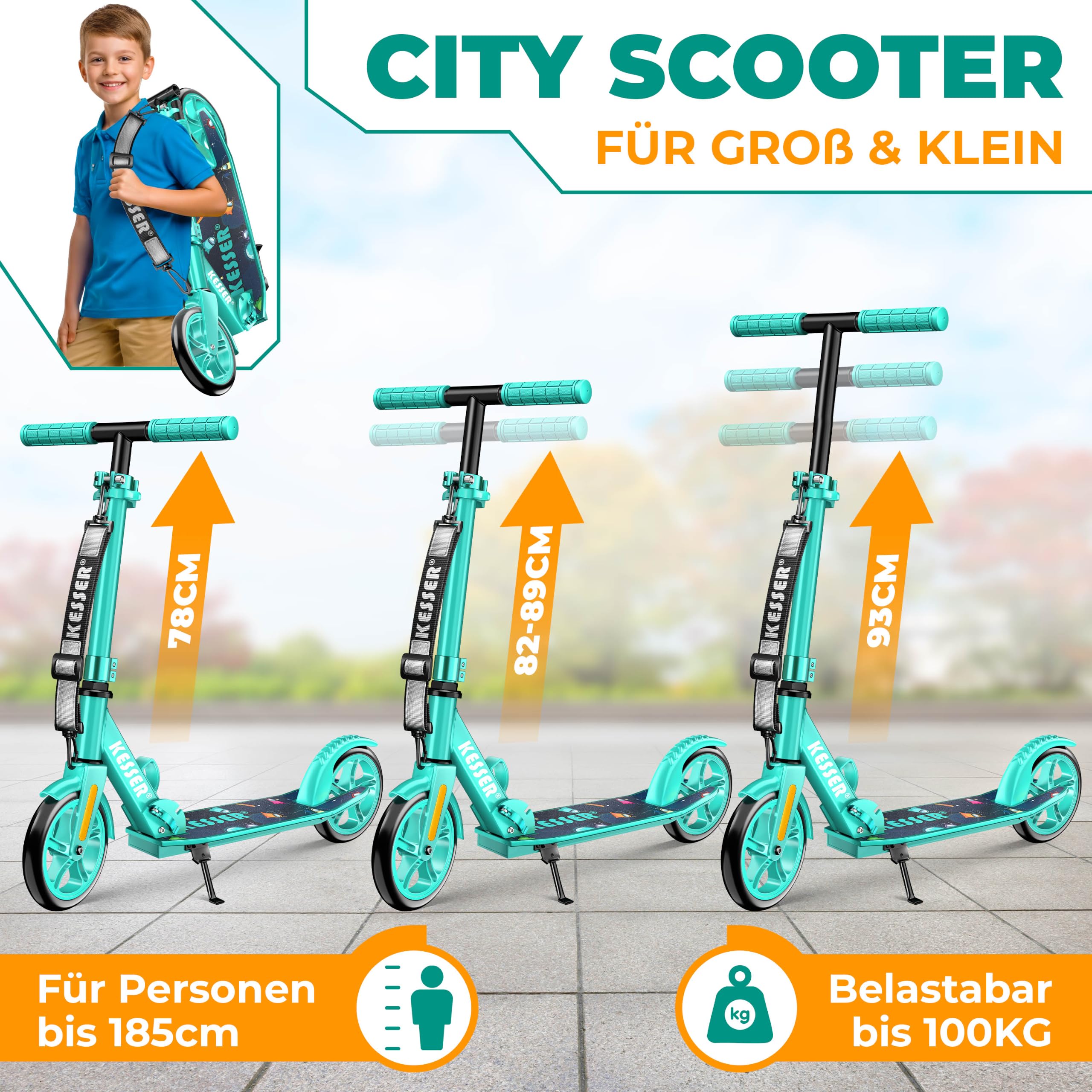 KESSER® Scooter Roller Kinderroller Cityroller Tretroller Kickroller klappbar höhenverstellbar, Kickscooter bis 100kg, Hinterradbremse, rutschfeste Trittfläche, bis 185cm Körpergröße, inkl. Tragegurt