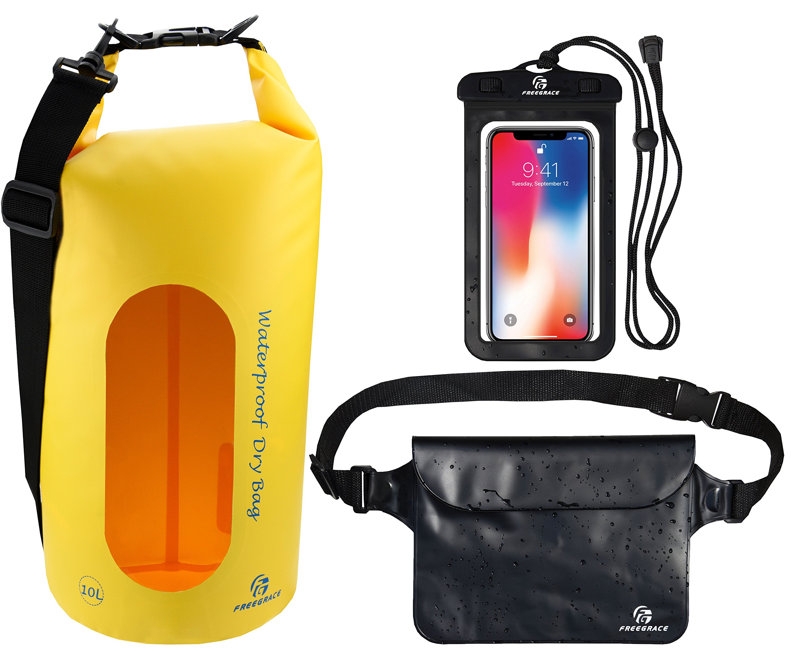 Freegrace Waterproof Dry Bags Set of 3 Dry Bag with 2 Zip Lock Seals & Detachable Shoulder Strap, Waist Pouch & Phone Case - Can Be Submerged Into