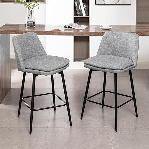 Juego de 2 taburetes de bar giratorios de altura de mostrador, taburetes de bar tapizados giratorios de 360 con respaldo y patas de metal, altura de