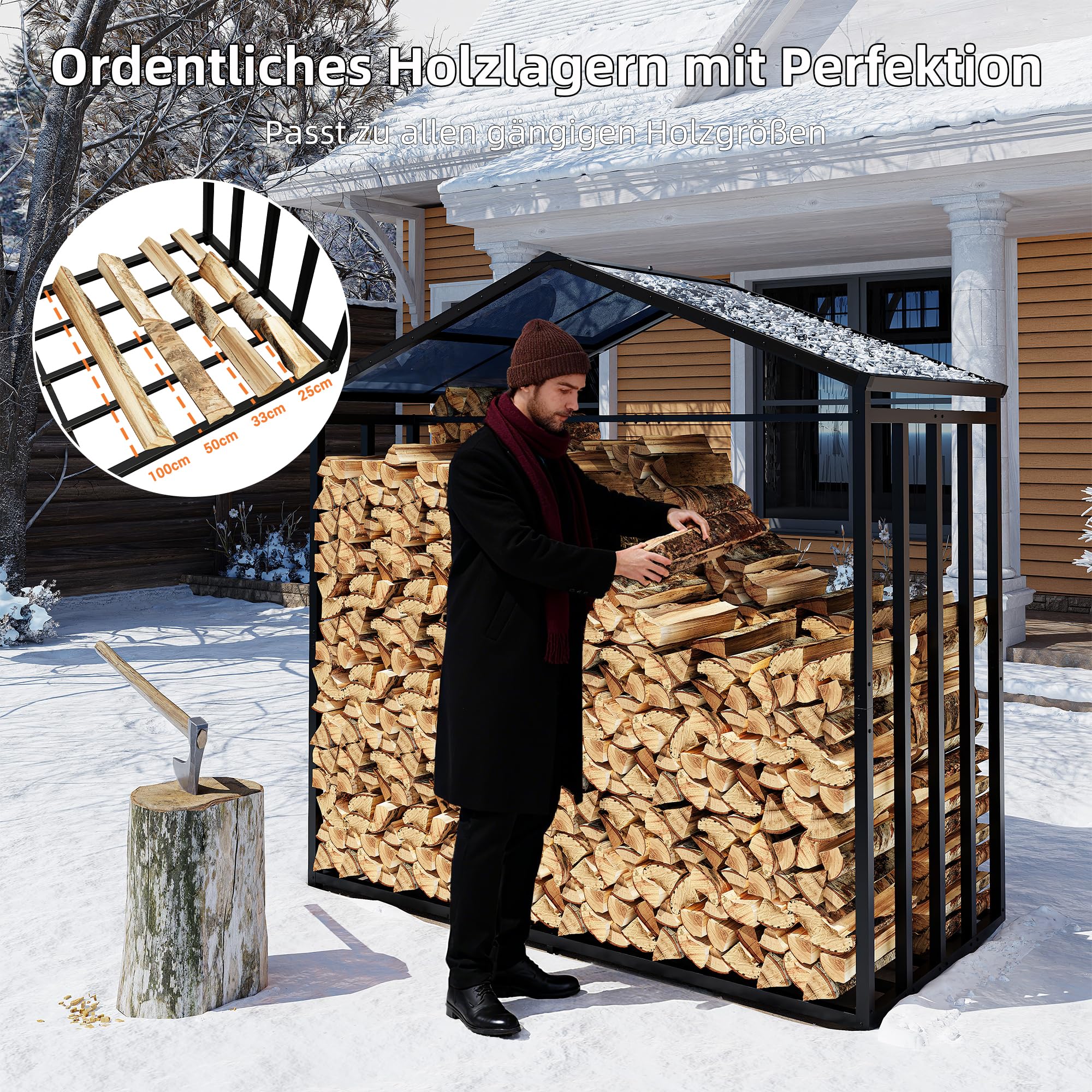 Amopatio Kaminholzregal aussen XXXL–187x105x190cm, Brennholzregal außen mit Abdeckung 5,3SRM / 3,5m³, Metall Holzstapelhilfe, Stahlrahmen & Polyester-Dach, Garten Holzlager, Holzunterstand, Anthrazit