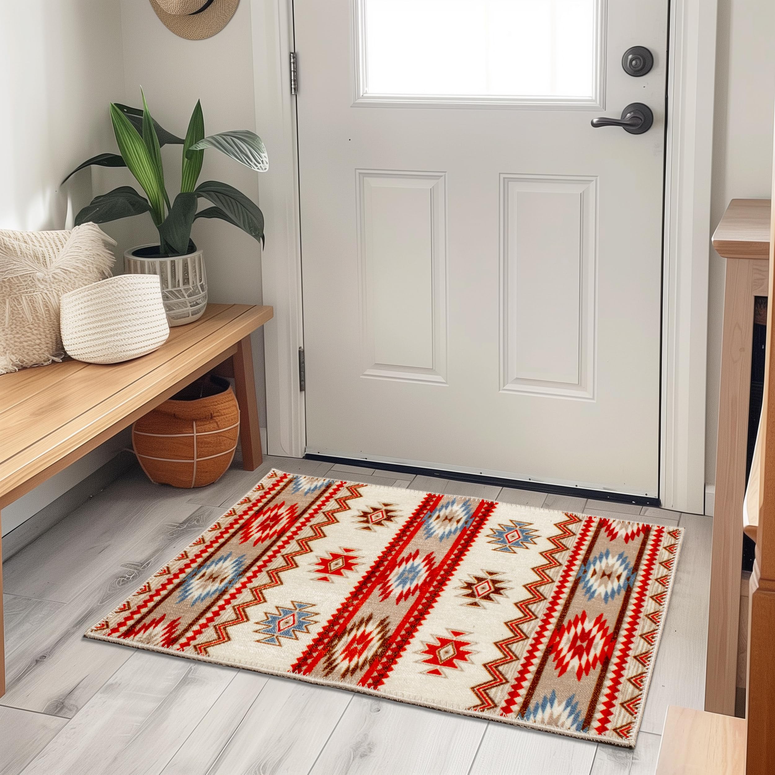 Super Area Rugs - 2X3 Non-Slip Washable Rug - Performance High Traffic Kitchen Rug - Southwestern Tribal Boho Chic Rug for Doorway & Entryway - Ivory/Red, 2' x 3'