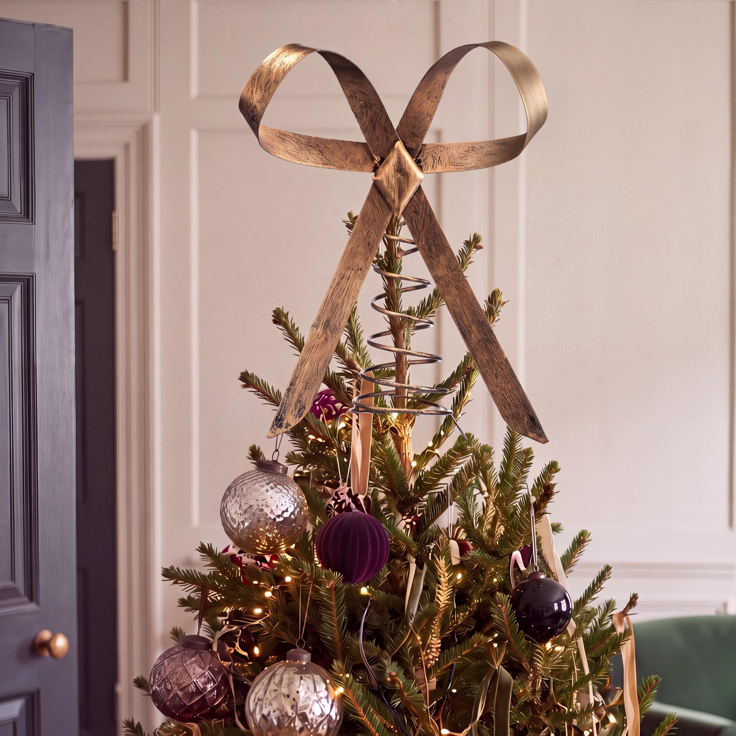 Retisee Grand nœud de Sapin de Noël en Laiton Vintage - 25 cm - Nœud doré - Décoration de Noël Rustique pour intérieur et extérieur