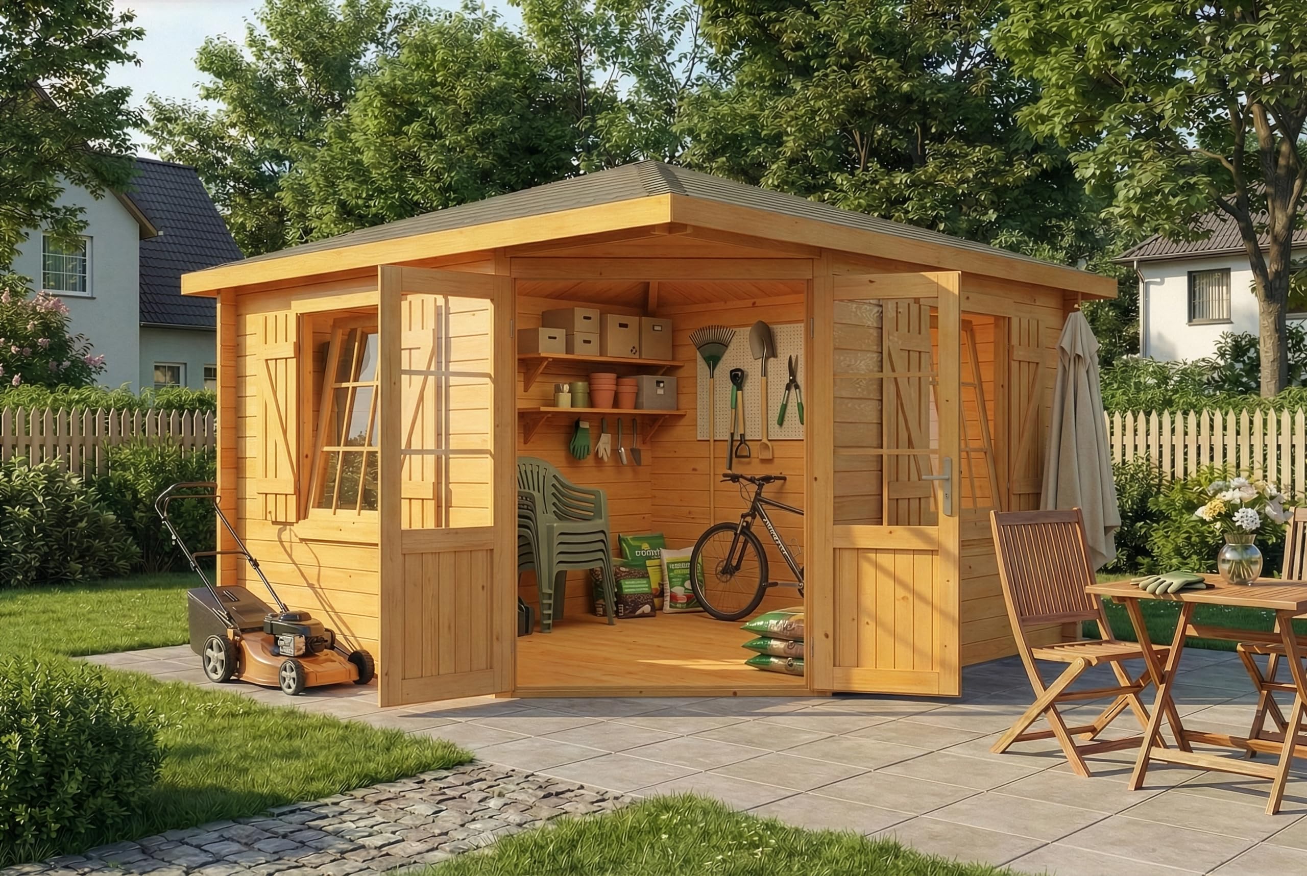 Alpholz 5-Eck Gartenhaus Monica Royal Gartenhaus aus Holz in Pinie, Holzhaus mit 28 mm Wandstärke, Blockbohlenhaus mit Montagematerial