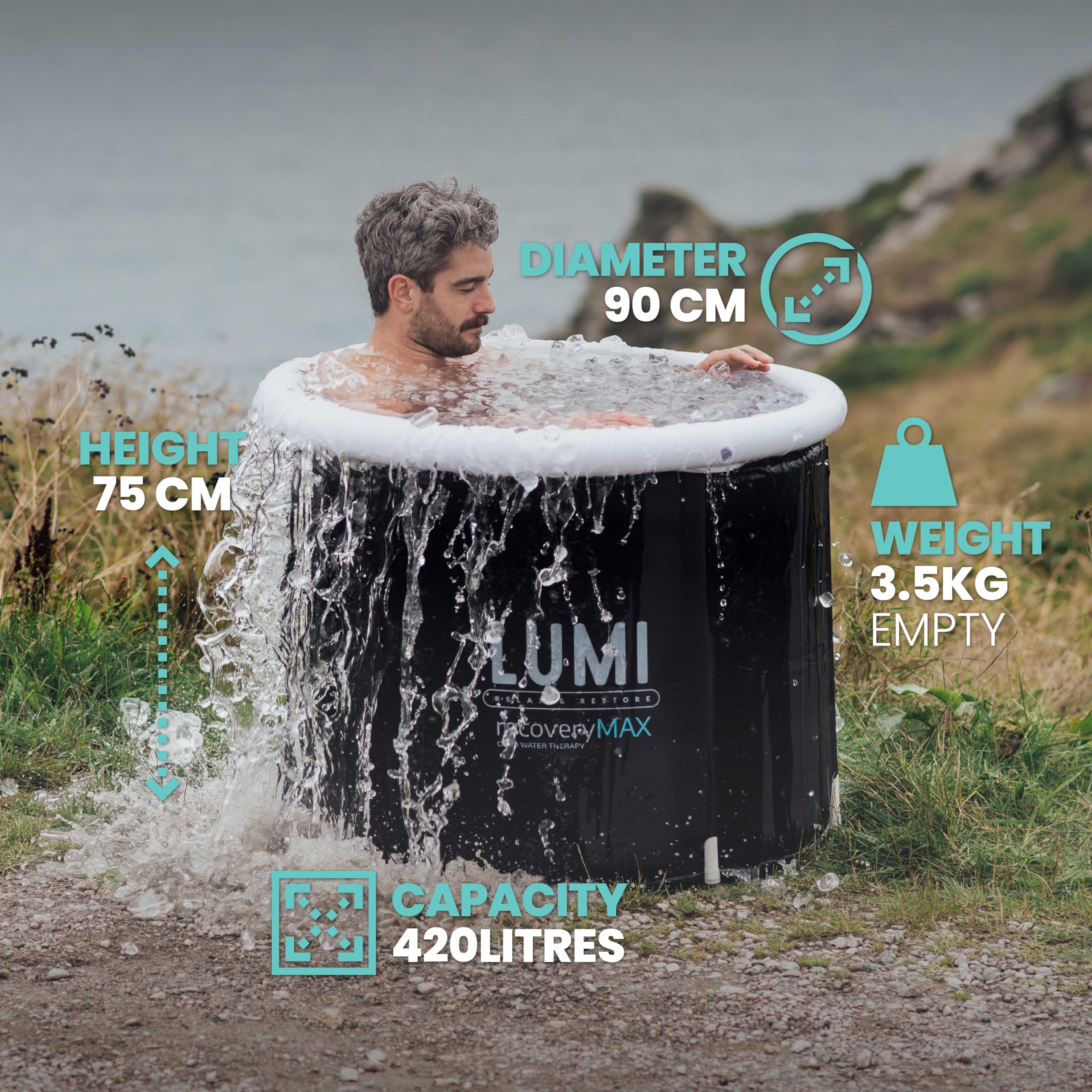 LUMI Therapy Ice Bath Pod MAX 420L | 5 capas térmicas, tapa OVNI, bolsa seca | Bienestar mental y recuperación del rendimiento | Terapia de agua fría, impulso inmunológico | Aislamiento térmico