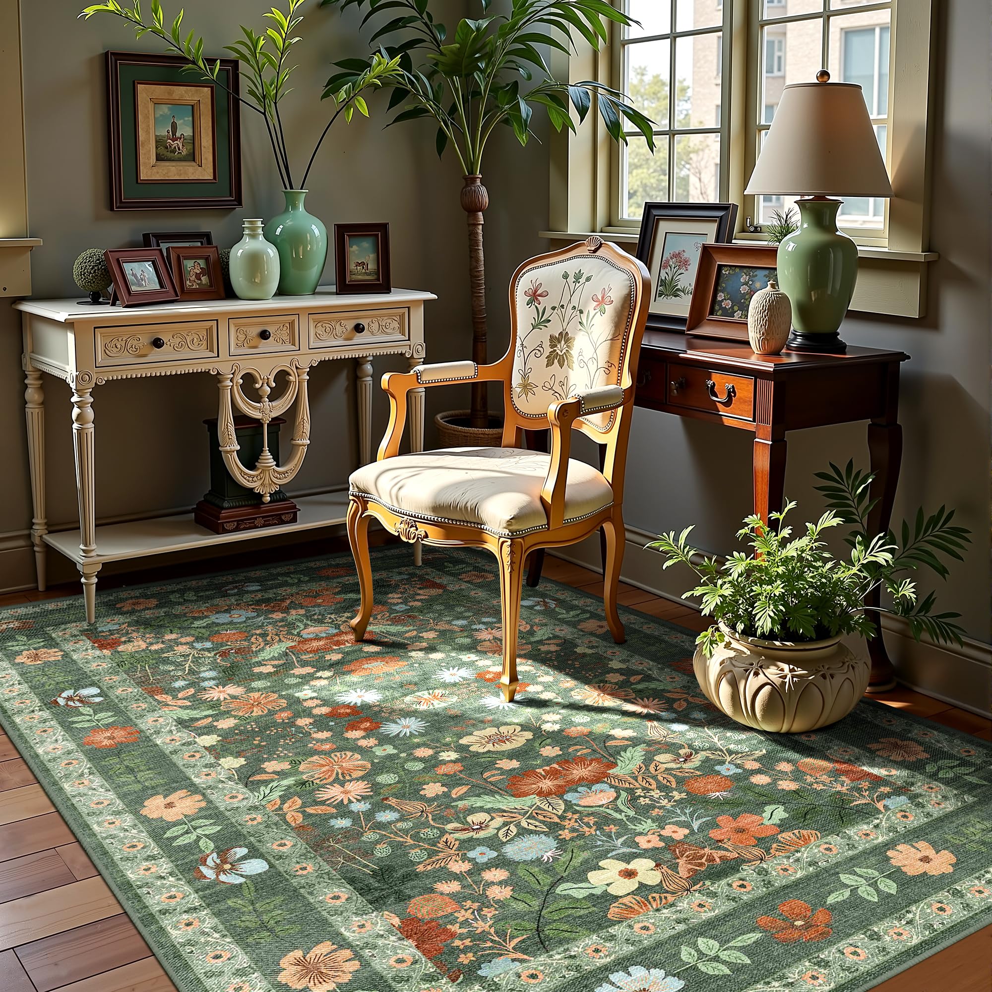 Photo 1 of Green Floral Area Rugs 3x5 Small Thin Entryway Rug - Vintage Boho Washable Non-Slip Living Room Carpet Soft Low Pile Bedroom Floor Mat Indoor Home Decor for Dining Room Playroom Farmhouse, Green/Multi