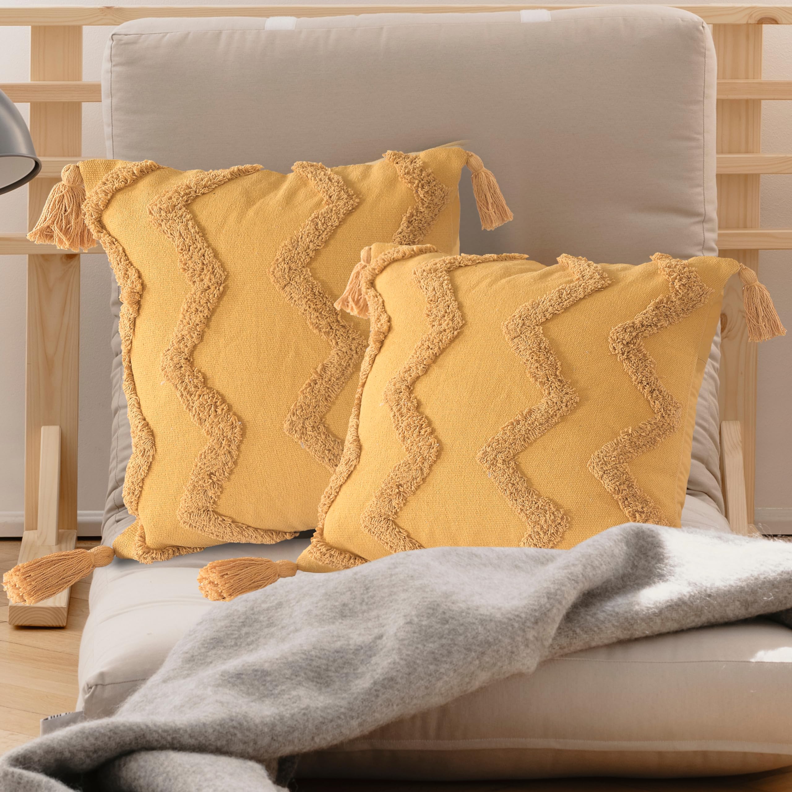 SASHAA WORLD Honey Chevron Tufted Cushion Cover with Tassels | Embrace Elegance and Comfort in Your Home D cor | Cushion Cover for Living Room/Bed/Sofa/Chair | 50x80 Cm Pack of 2