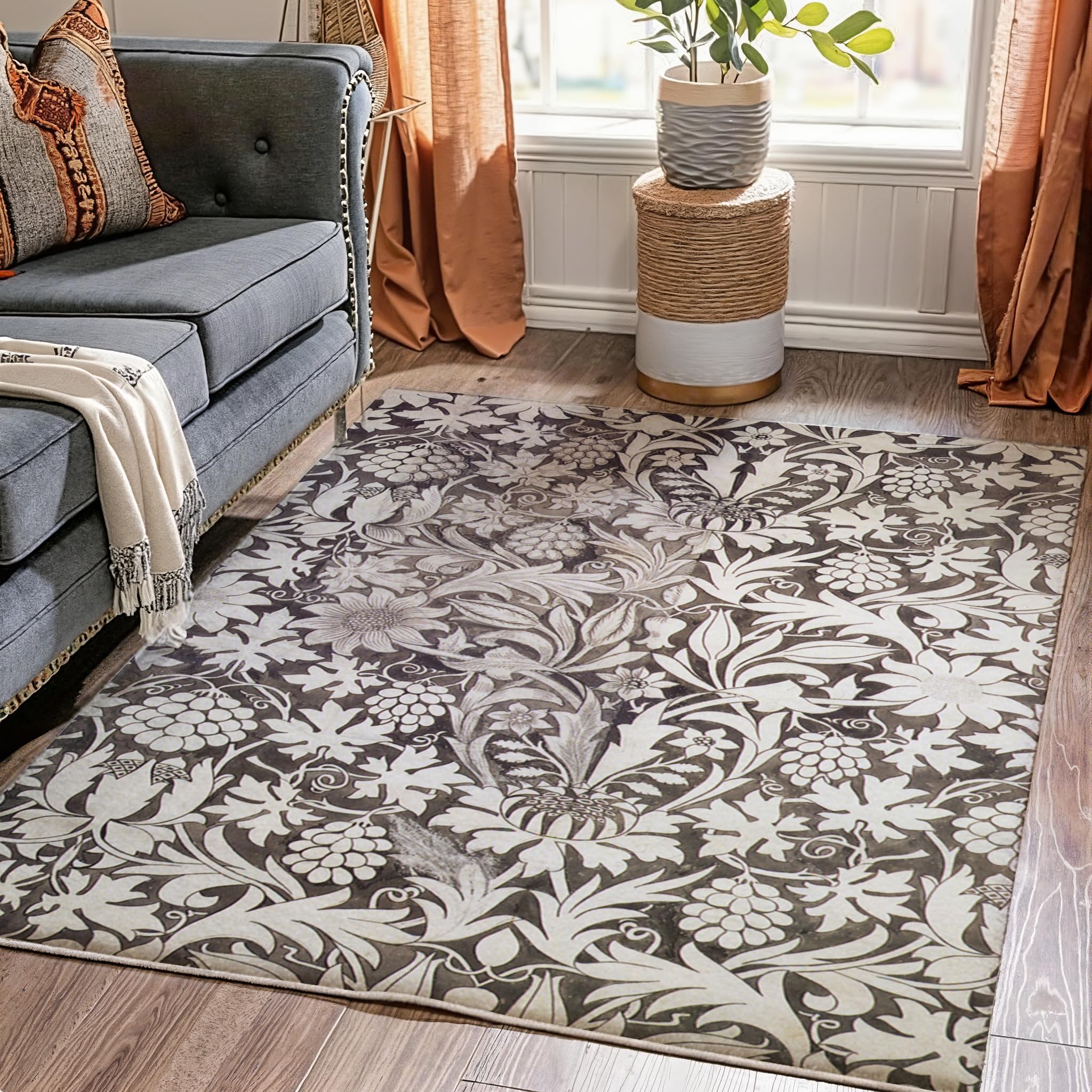Obal Washable Rugs Living Room 120x170cm, William Morris Sunflower Vintage Rug, Grey Non Slip Low Pile Rug for Bedroom, Soft Faux Wool Machine Washable Floral Carpet — image 1