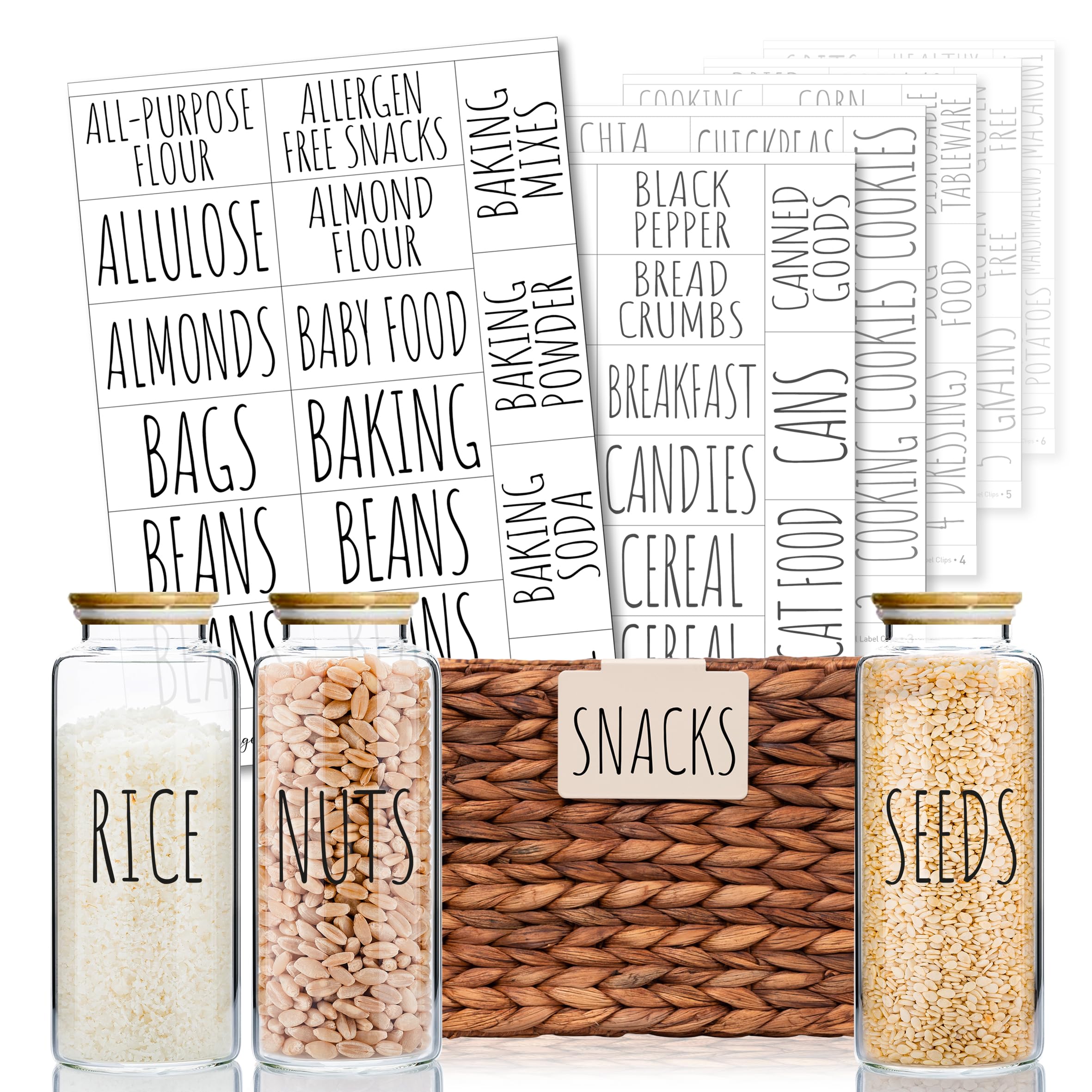 Hygge & Sage Pantry Labels for Containers Preprinted - 192 Waterproof Labels, Durable, Removable Kitchen Stickers, Clear With Black Print, Perfect for