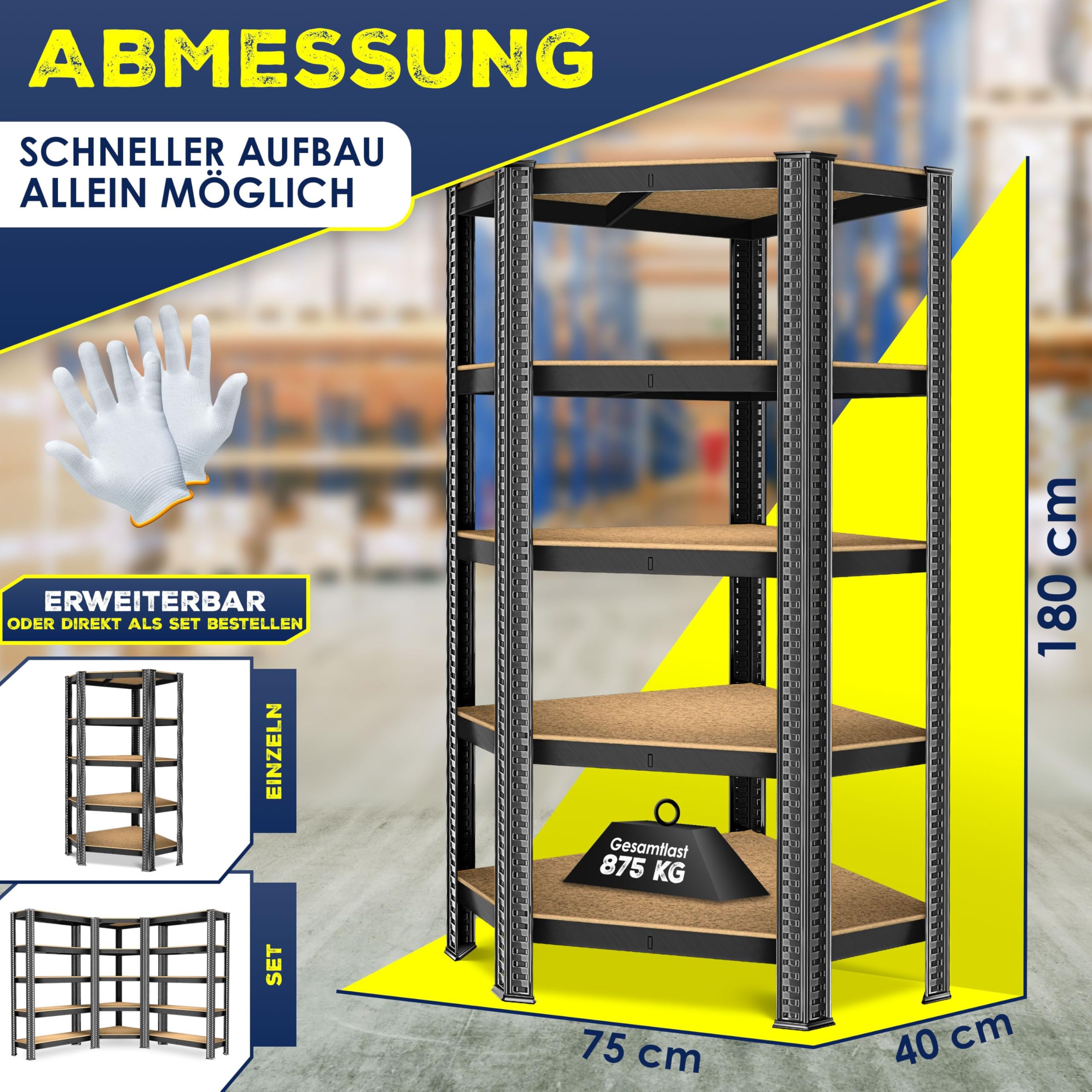 MASKO® Eckregal Lagerregal Schwerlastregal, Kellerregal, 180x75x40cm, bis 875 kg, 5 verstellbare Ablagen, MDF-Platten Regal aus Metall, Steckregal, Werkstattregal, Keller, Garage, + Handschuhe Schwarz