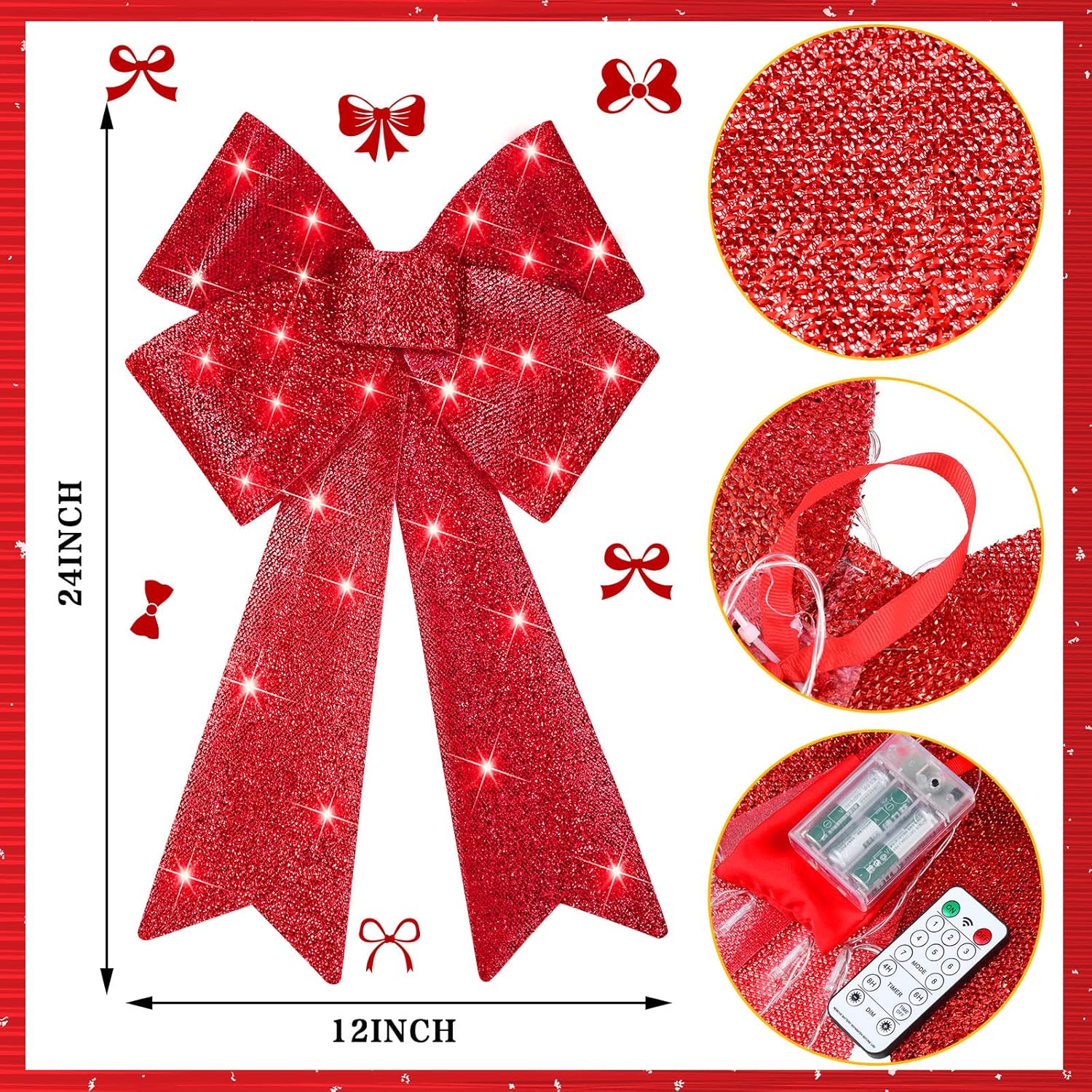 WILLBOND 3 Pcs Pre Lit Christmas Bow Decoration 24x12 Inches LED Light Large Red Bow Tree with Timer Function Lighted Christmas Tree Decor 8 Function