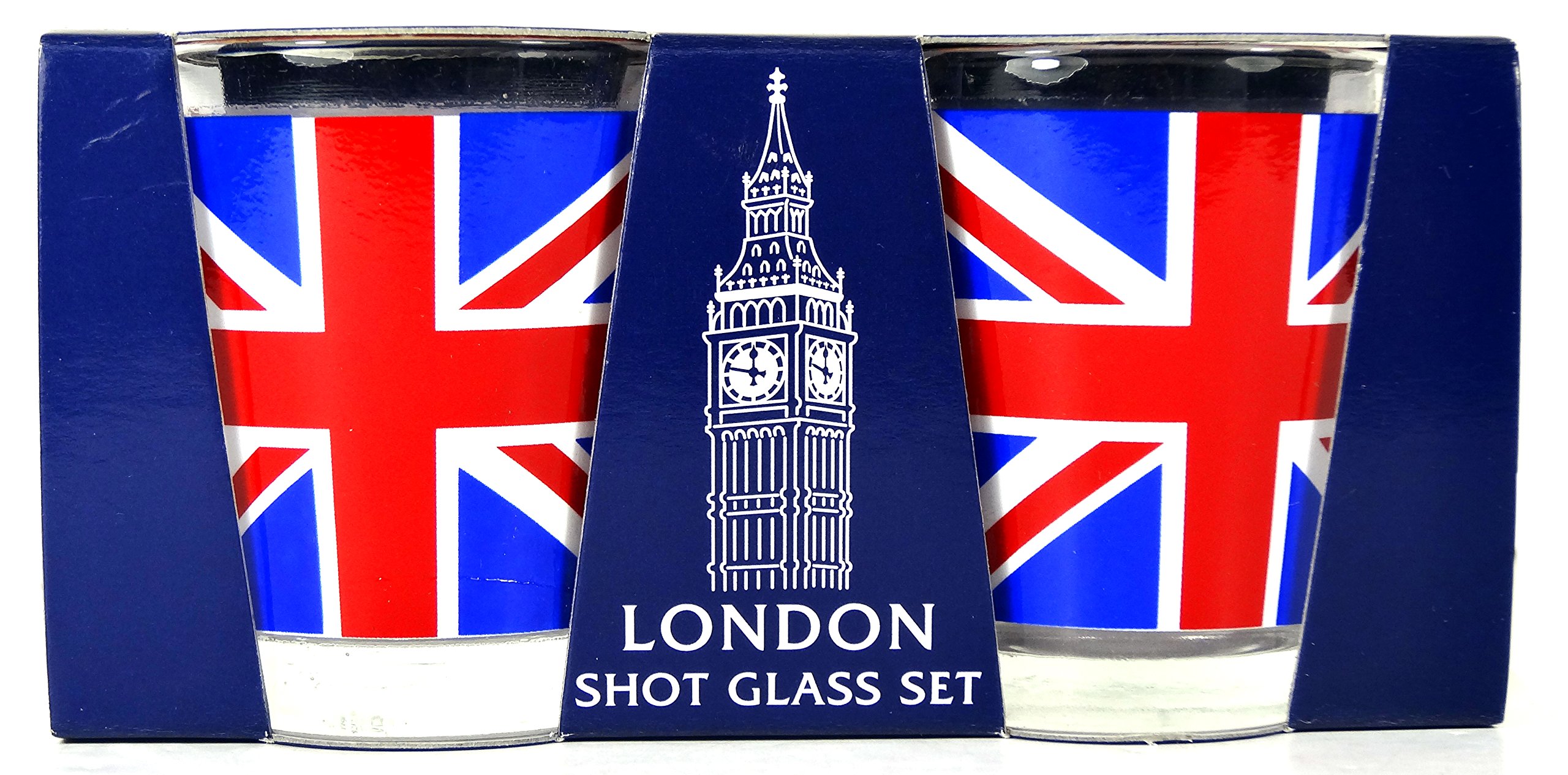 Modern, Hip Union Jack Shot Glass (Set of 2 / Two Shot Glasses) British Flag / Souvenir! Souvenir / Speicher / Memoria! Colourful Union Jack Shot Glasses With Gold Rim! Verre à Shot / Schnapsglas / Colpo di Vetro / Chupito!