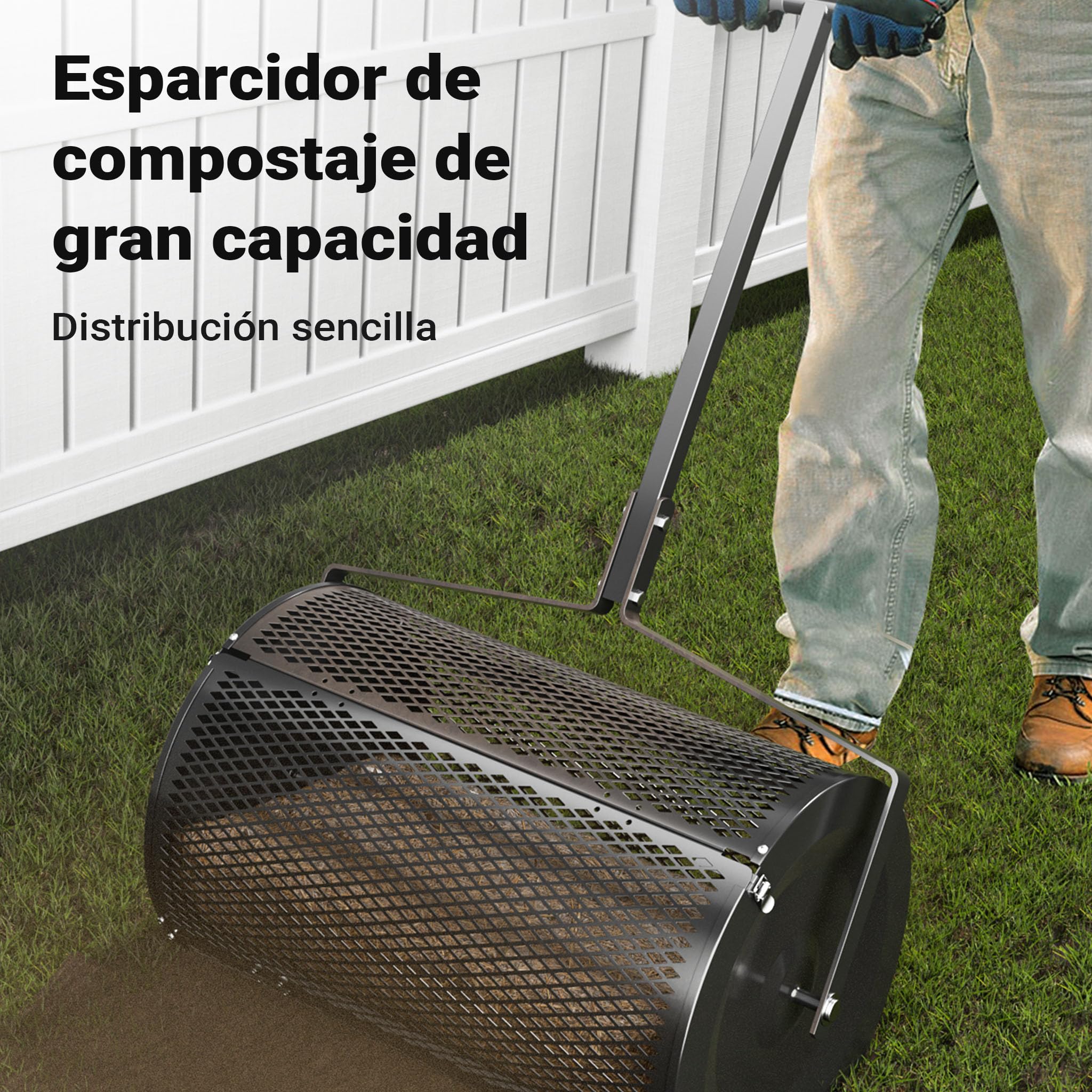 Wiltec Esparcidor de compostaje 75 l con 60 cm de ancho de trabajo mango T rodillo distribuidor de abono, estiércol, cal, musgo, compost, turba fertilizante tambor esparcidor semillas