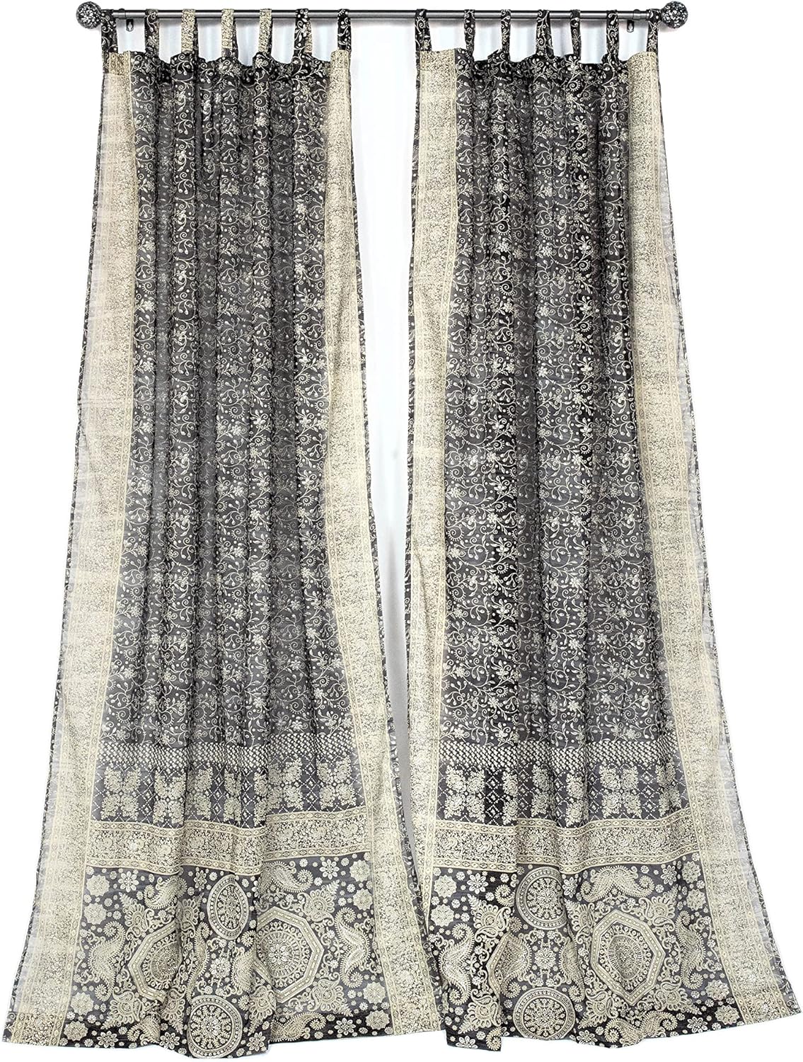 Light-Filtering Sari Colorful Curtains – Boho Curtains, Bed Canopy Panel, Wall Tapestry or Window Treatment For Bedroom or Living room + Tote bag (84"L x 42"W Set of 2, Charcoal Gray)