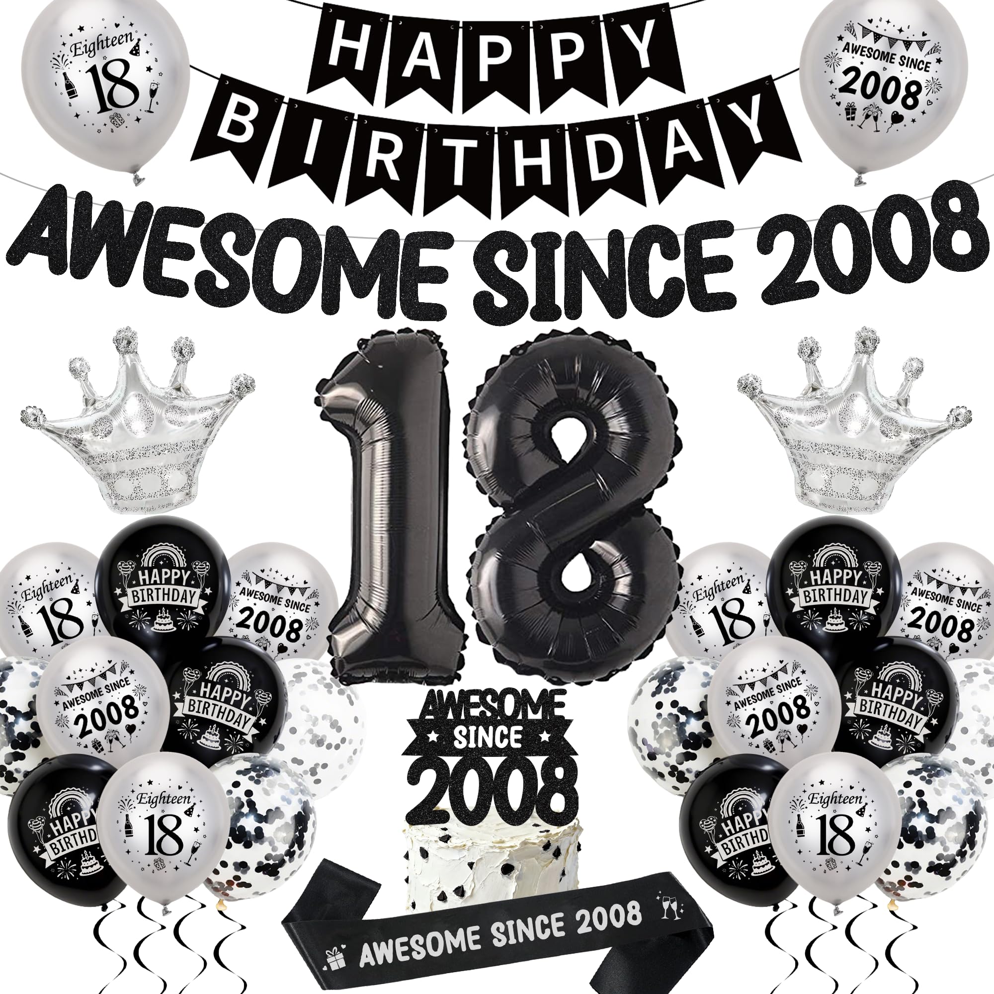 18th Birthday Balloons Decorations for Men Women, Awesome Since 2008