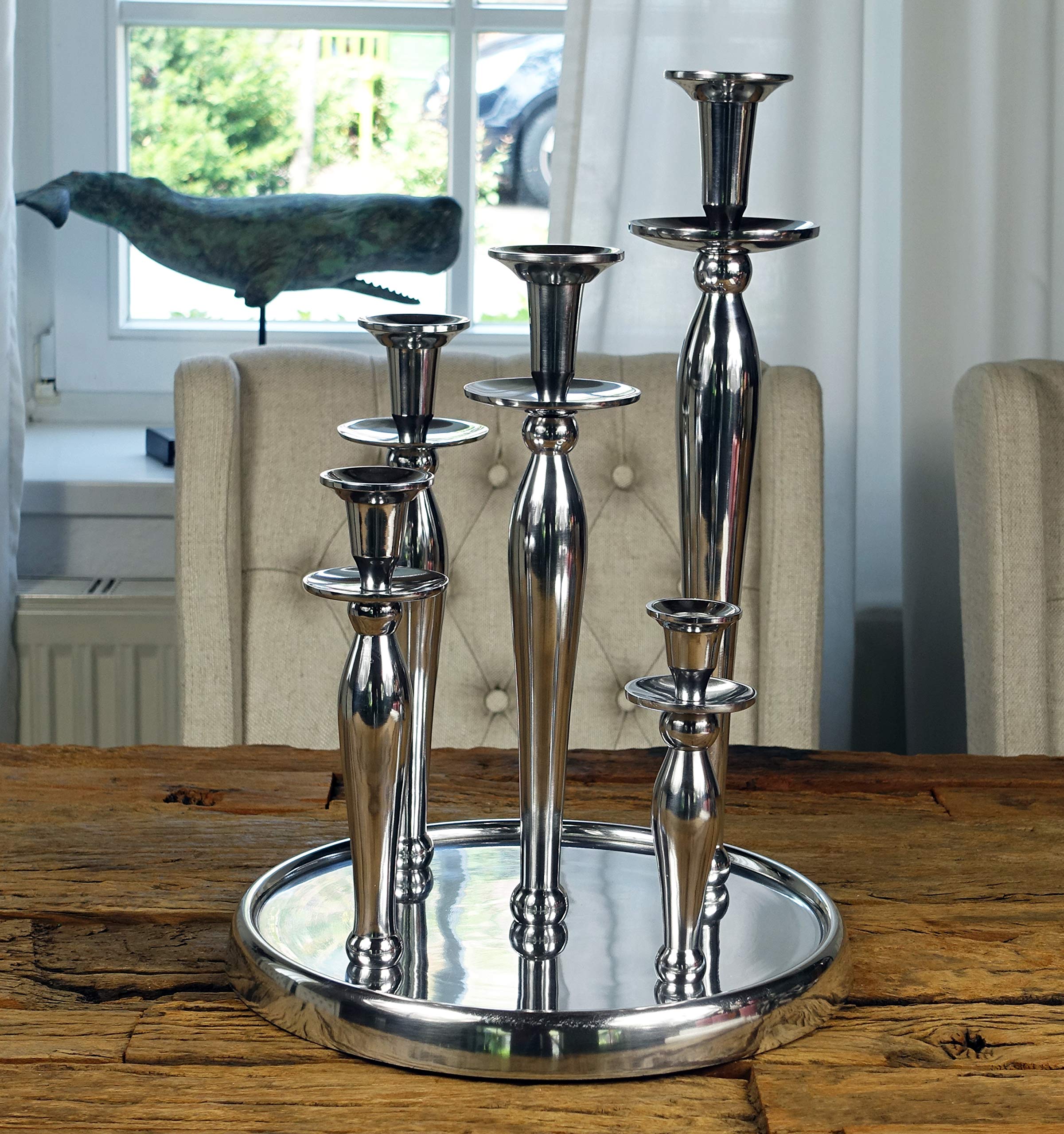 MichaelNoll Świecznik 5-ramienny aluminium srebrne polerowane - świecznik duży na tacy - XL 31 x 31 x 44 cm