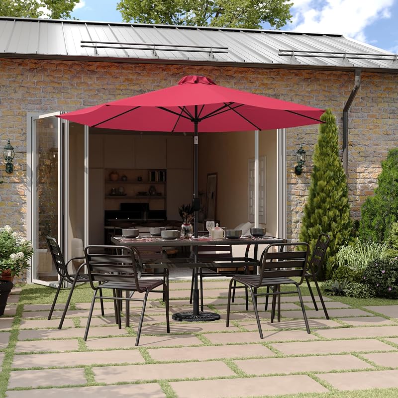 Paraguas para patio LED solar redondo de 9 pies, rojo | 32 luces LED, manivela e inclinación, tiempo de funcionamiento de 6 horas, grado comercial