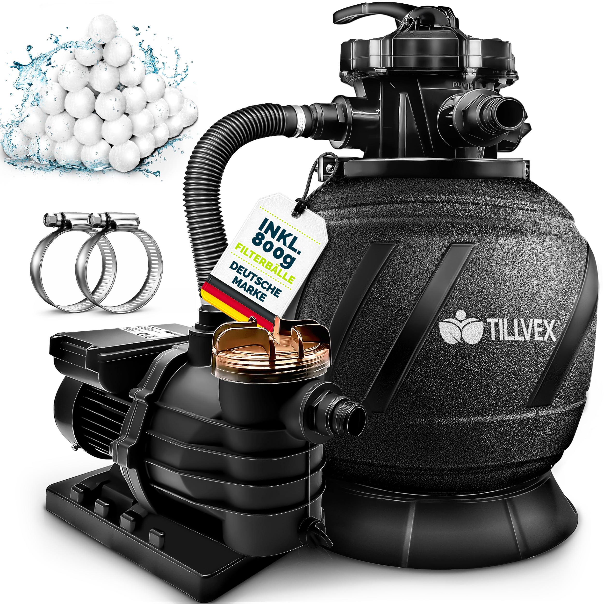 tillvex Sandfilteranlage Pool 10 m³/h inkl. 800g Filterbälle | Filteranlage 7-Wege Ventil & 2in1 Adapter Ø32mm - 38mm | Poolfilter mit Druckanzeige | Sandfilter für Schwimmbecken (AquaBlack Pro)