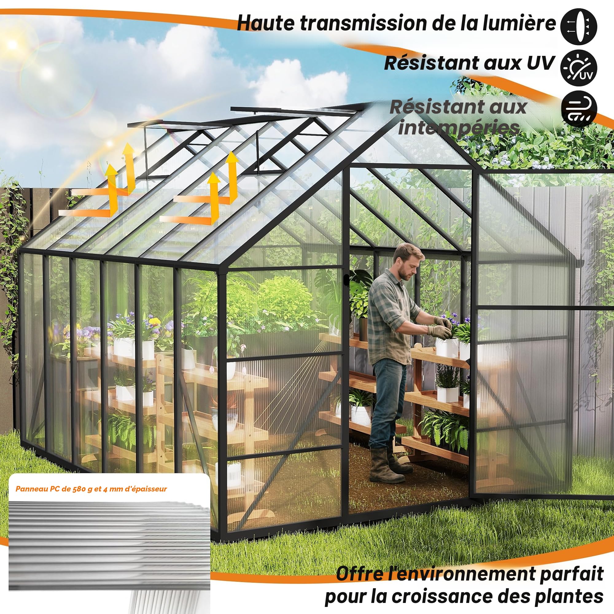 Serre en Aluminium avec PC Panneaux Transparent, Lucarne, Porte et Fondations, 335x170x195cm Hivernage Tente de Jardinage Accessible, Pépinière de Culture pour Jardin et l'extérieur