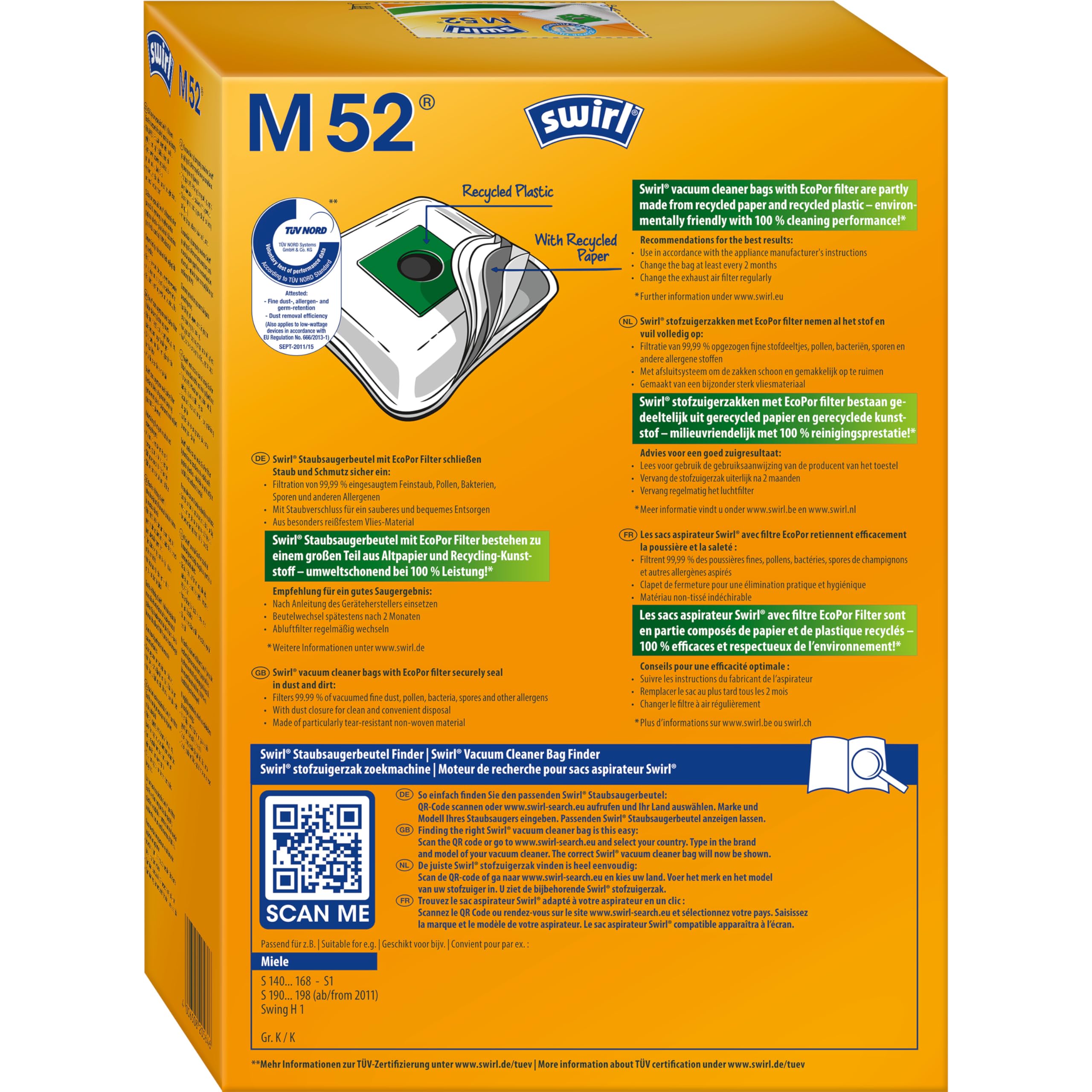 Swirl M 52 Micropor Plus Worki Do Odkurzacza Miele Z Filtrem Antyalergicznym 4 Sztuki Z 1 Filtrem