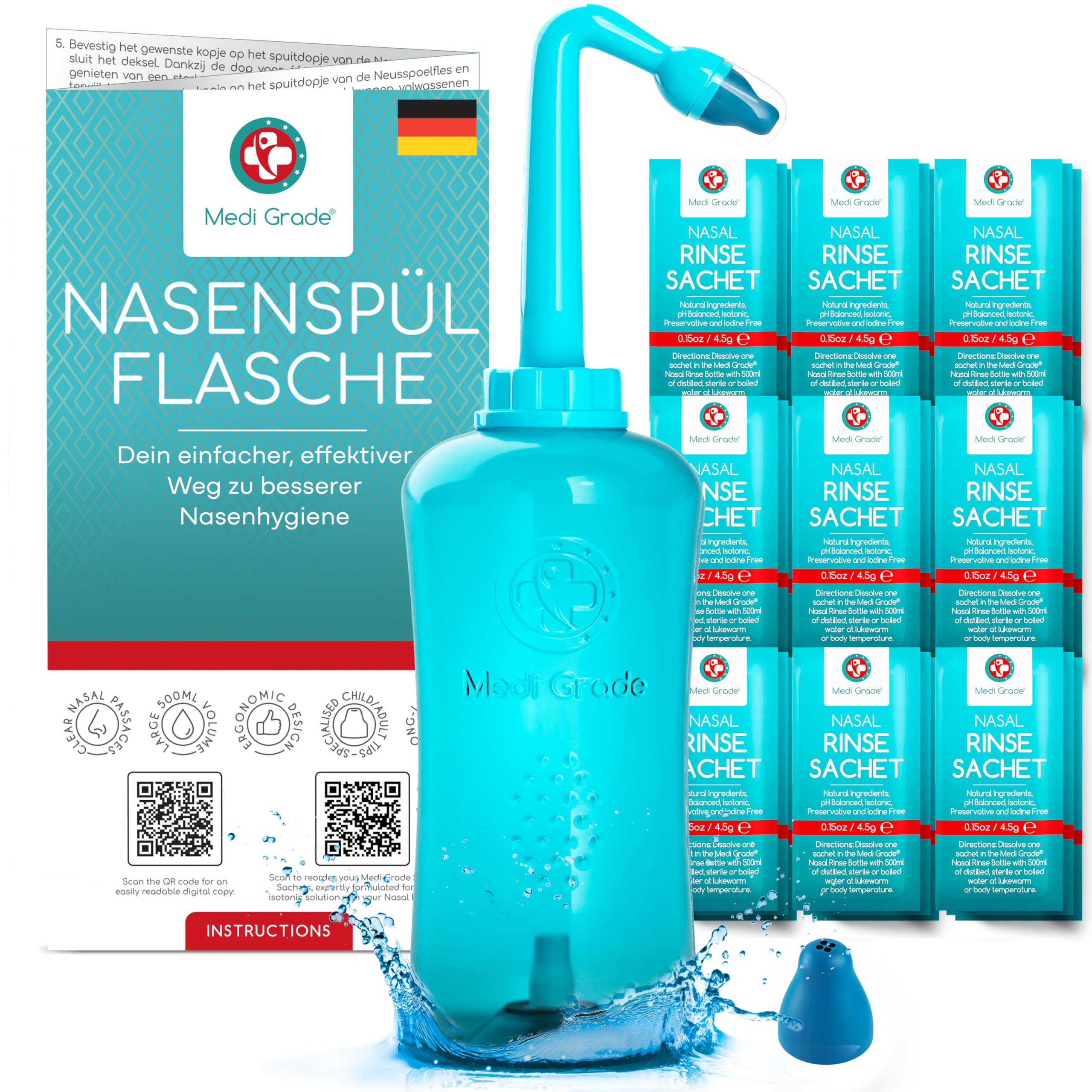 Medi Grade Sinus Rinse Bottle, 500ml with 30 Sinus Rinse Packets - Complete Nasal Irrigation System - Neti Pot Nose Cleaner - Nasal Wash Kit for Home or Travel - 2 Nasal Rinse Tips and Storage Bag