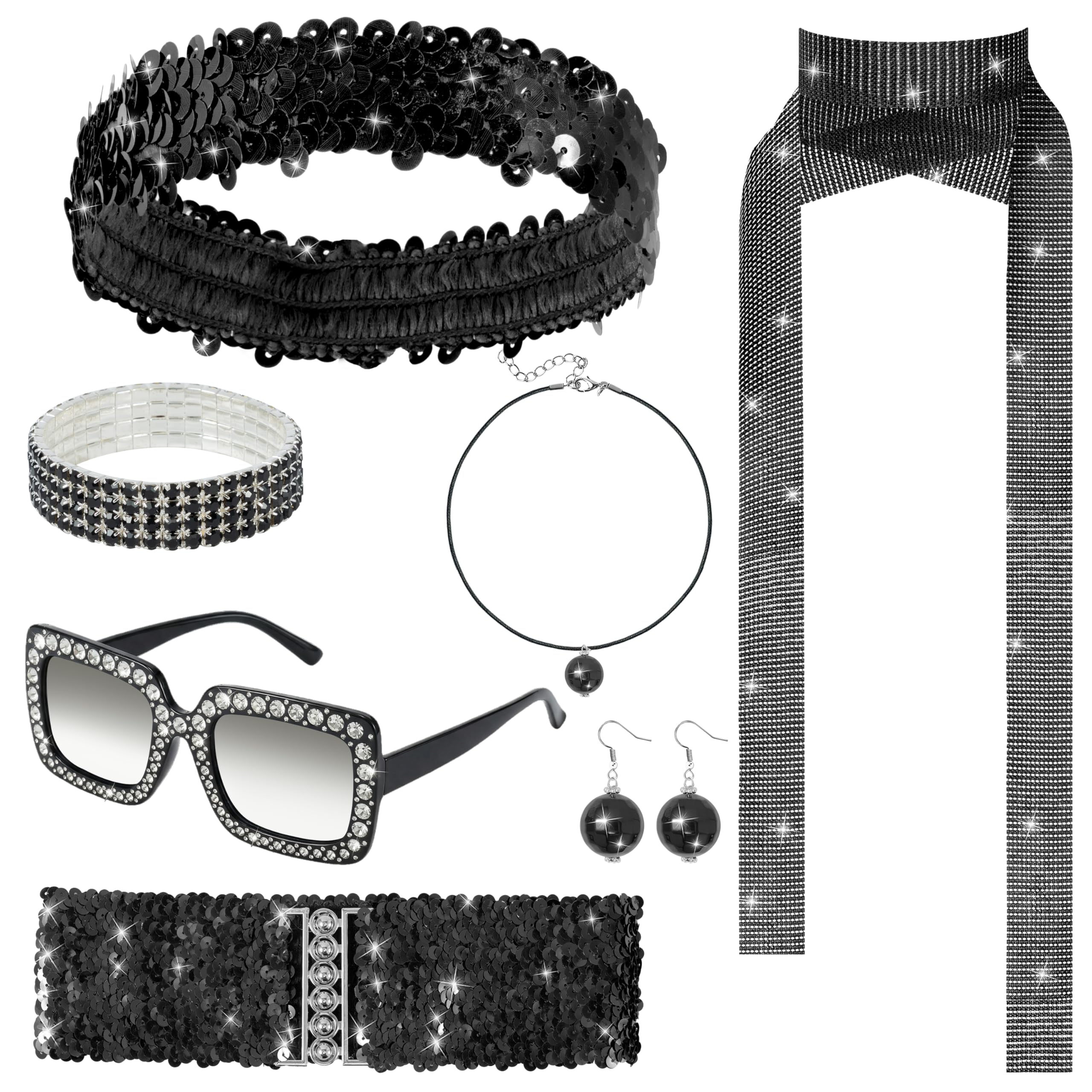 E1mity 70s Disco Groovy Accessories Set 1970s Disco Fancy Dress Costume with Retro Sunglasses & Sparkly Jewellery Outfit for 70s Vintage Theme Parties, Masquerade Halloween & Carnival(Black)