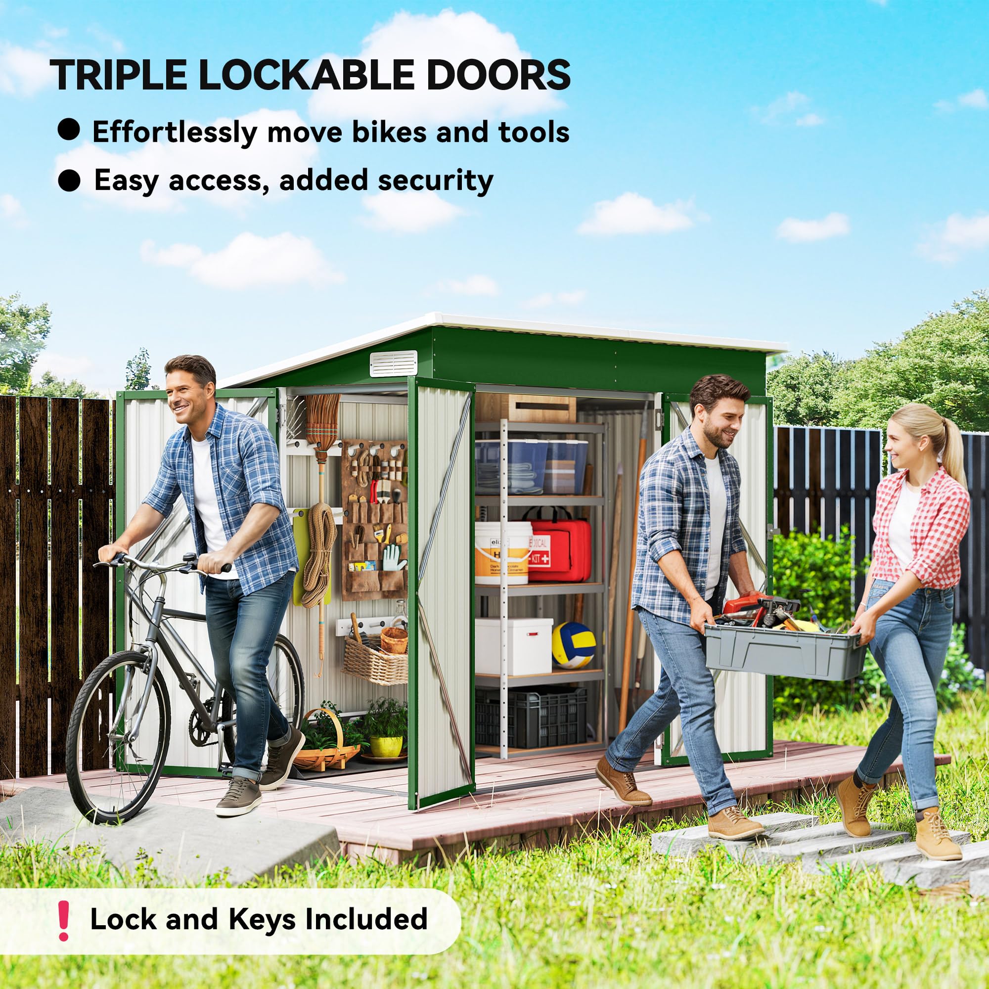 Outsunny 7.5 x 4.3ft Metal Garden Storage Shed, Waterproof Outdoor Shed with Triple Lockable Door, Gloves, Vents and Pitched Roof, Tools Bike Storage for Garden, Patio, Courtyard, Green — view 3