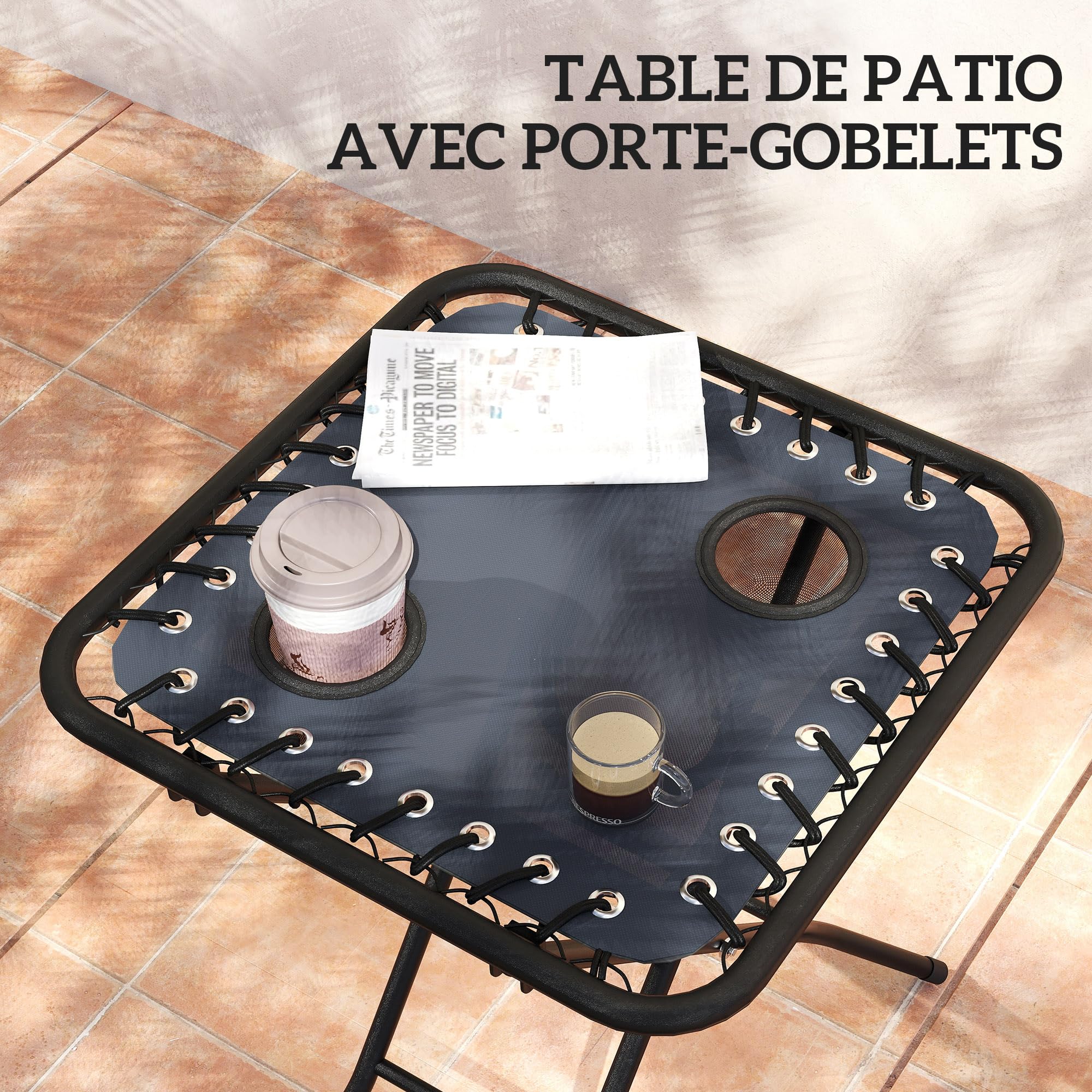 Outsunny Lot de 2 Chaise Longue gravité zéro - Ensemble transat 3 pièces avec Table d'appoint et Porte-gobelets - Bain de Soleil Pliable, Dossier réglable et Appui-tête pour terrasse, Piscine, Gris
