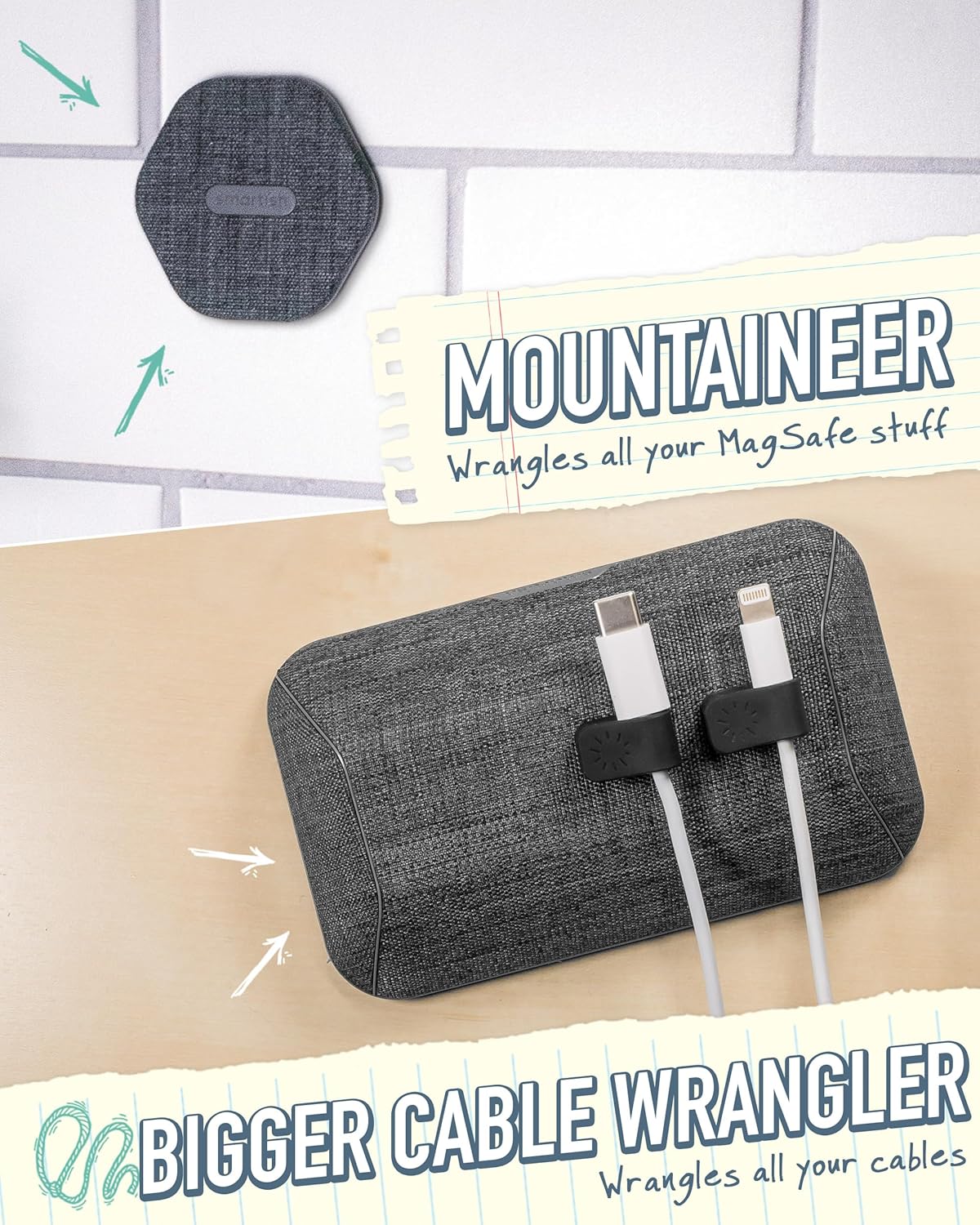 Smartish Bigger Cable Wrangler + MagSafe Mountaineer Wall Mount Bundle - Stick on Adhesive Phone Holder with Extra Strength Magnet for Apple MagSafe Accessories - No. 2 Pencil Gray