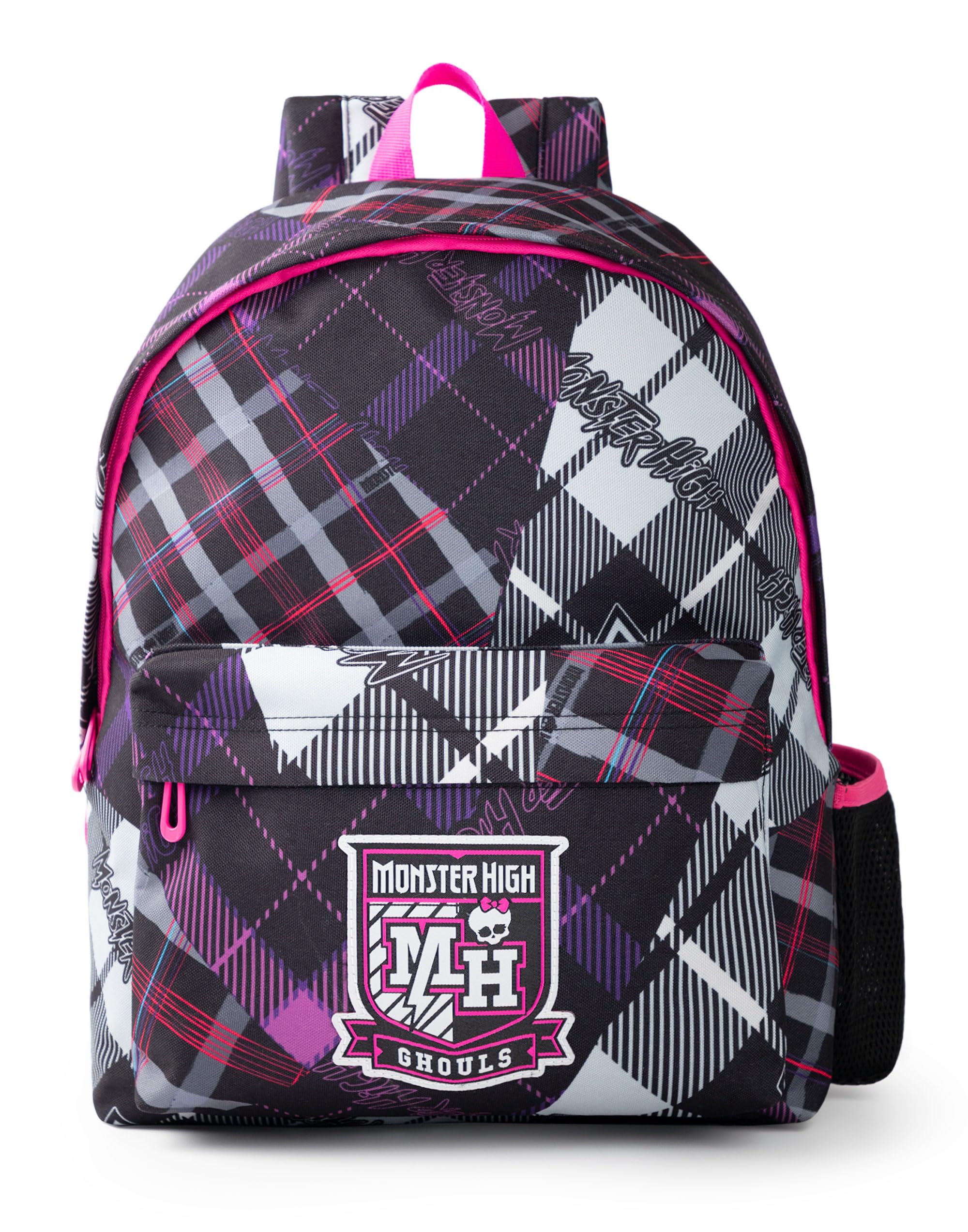 Monster High Ghouls Tartan Patchwork Backpack in Black, Pink, Grey & Purple | Girls & Women's Classic Plaid School Bag