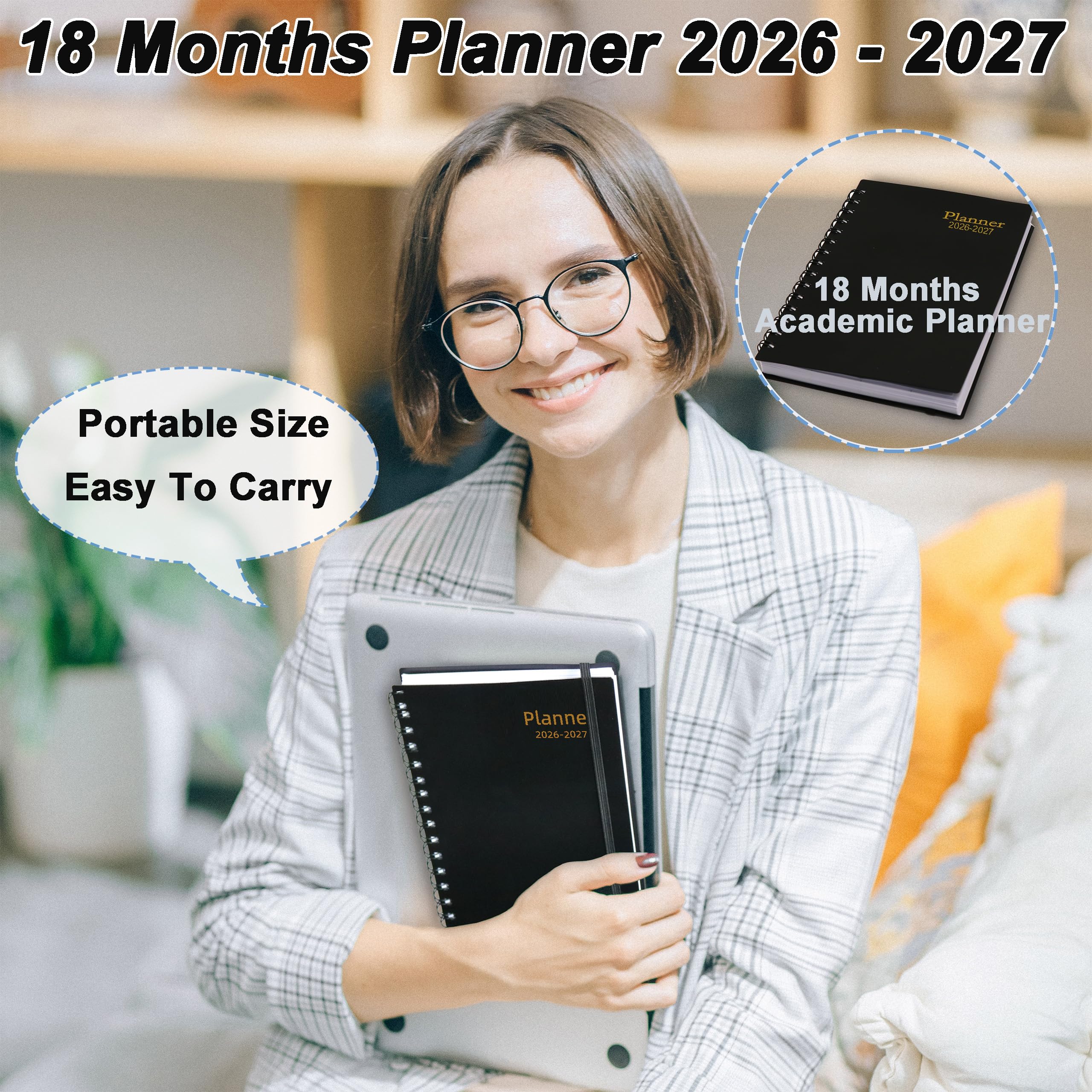 Agenda giornaliera 2026-2027, agenda settimanale e mensile, da luglio 2026 a dicembre 2027, agenda da 18 mesi con linguette, formato A5, nero