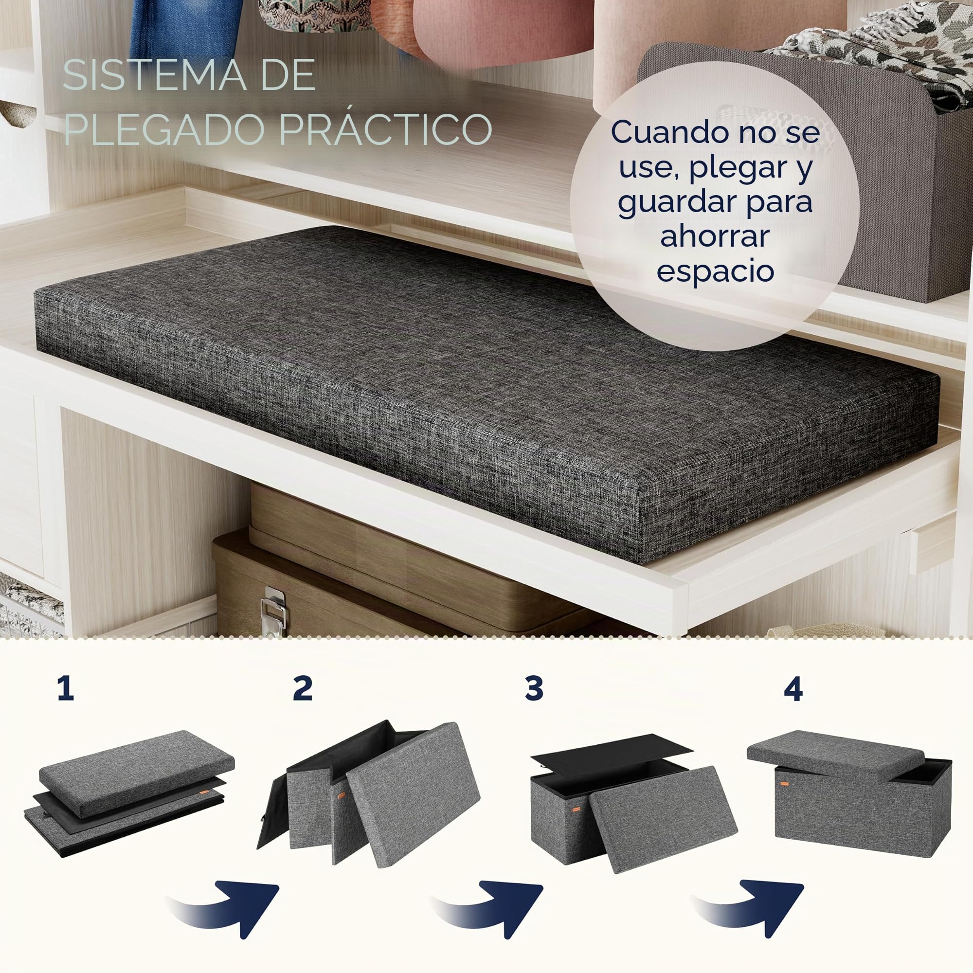 CASARIA® Banco Almacenaje Plegable Puff Reposapiés Otomana Almacenamiento Salón Dormitorio Capacidad Carga 300kg Resistente Efecto Lino 80x40x40cm Gris Oscuro