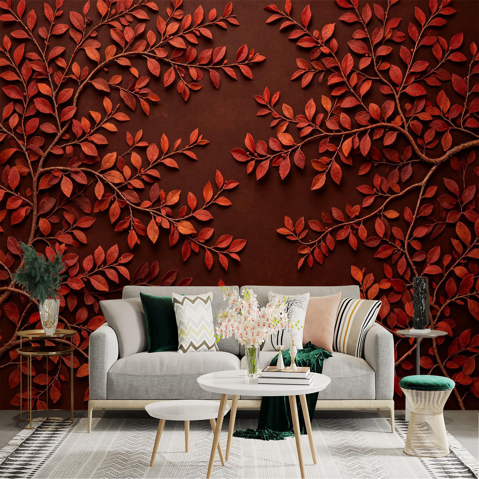 Lnzczhyre Dbh260521387 Custom Size Wall Sticker Mural， Deep Brown Background With Autumnal Red Branches， Natural Botanical Art， Modern Minimalist Decor， For Wall Decoration， Peelandstick Wall Decals.