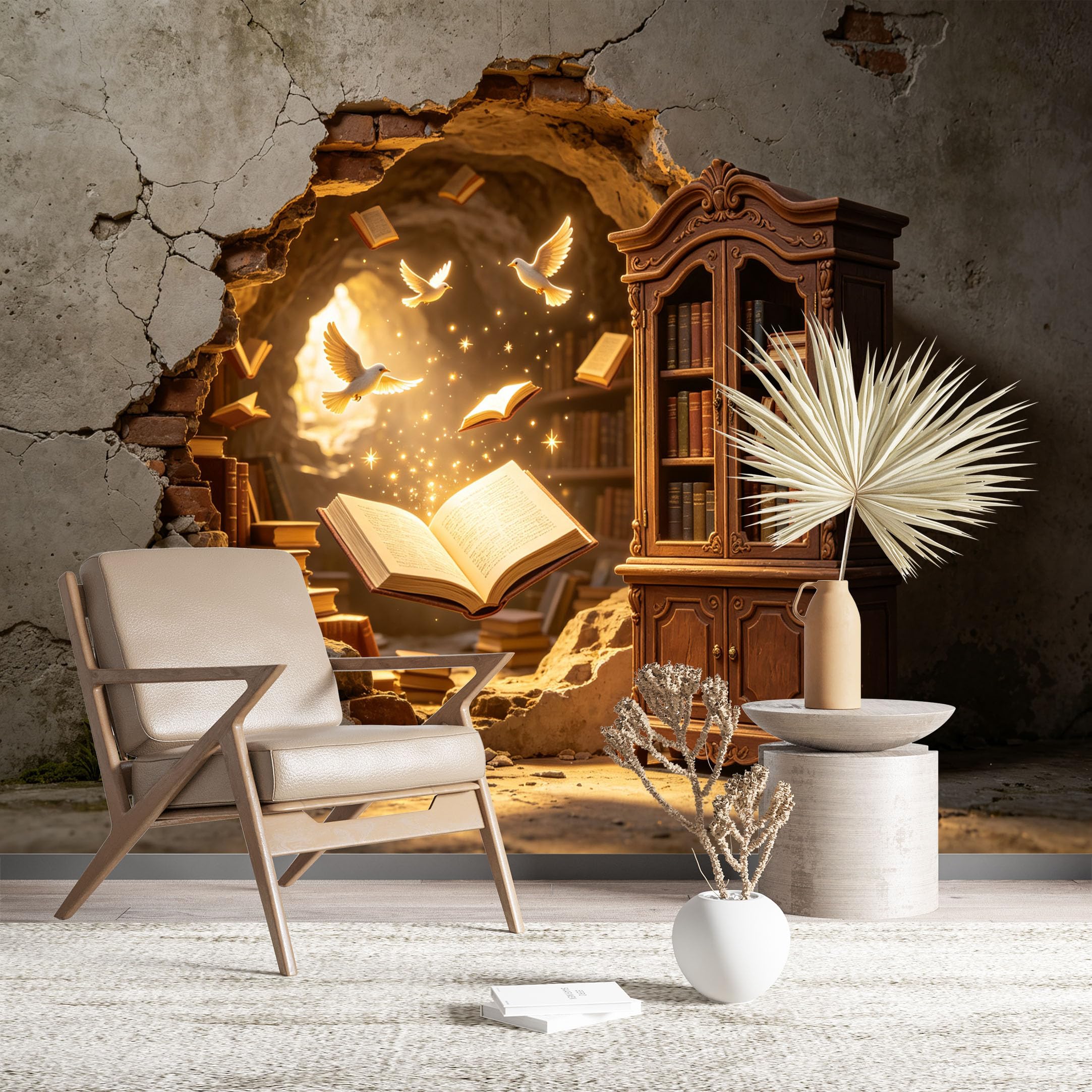Custom Size Wall Murals Magical Library Through Cracked Wall Wall Murals Fantasy Wallpaper Realistic Self-Adhesive Removable Wallpaper for Living Room Bedroom