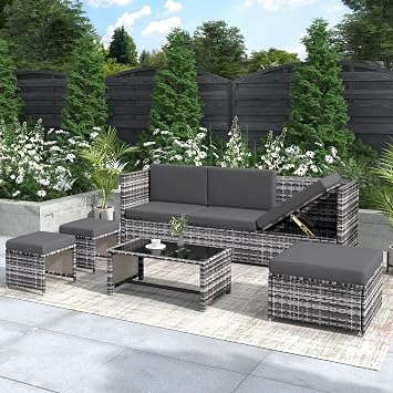 Merax Rattan Corner Sofa 6-Seater, Garden Furniture Set, Patio Conversation Set, 3-Seater Sofa with 3 Stools and Coffee Table, with Washable Cushions, Mixed Grey
