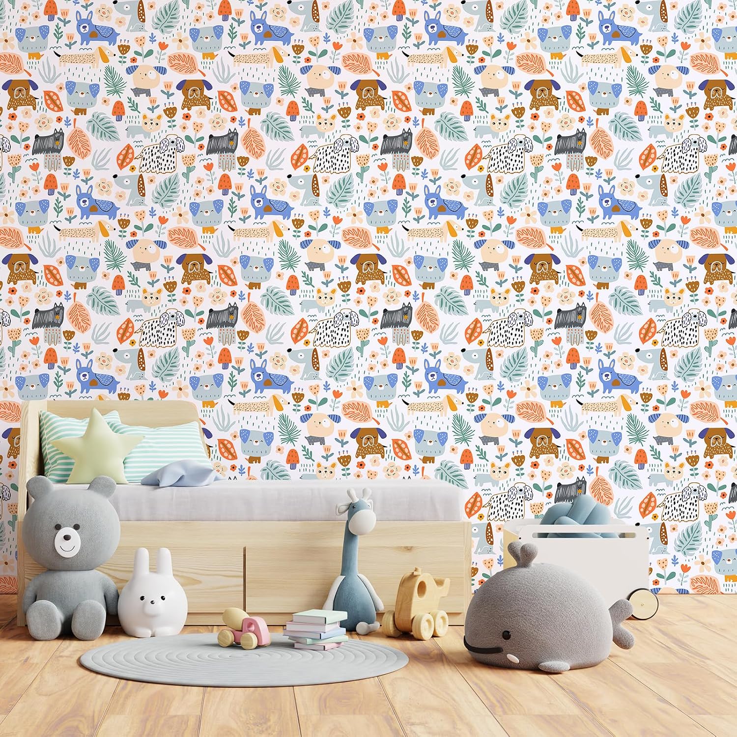 Colorful Whimsical Wildflowers Dog Peel and Stick Wallpaper 12"x100" Self Adhesive Animal Contact Paper for Cabinets Waterproof Vinyl Removable for Bedroom Classroom Kids Wallpaper Mural