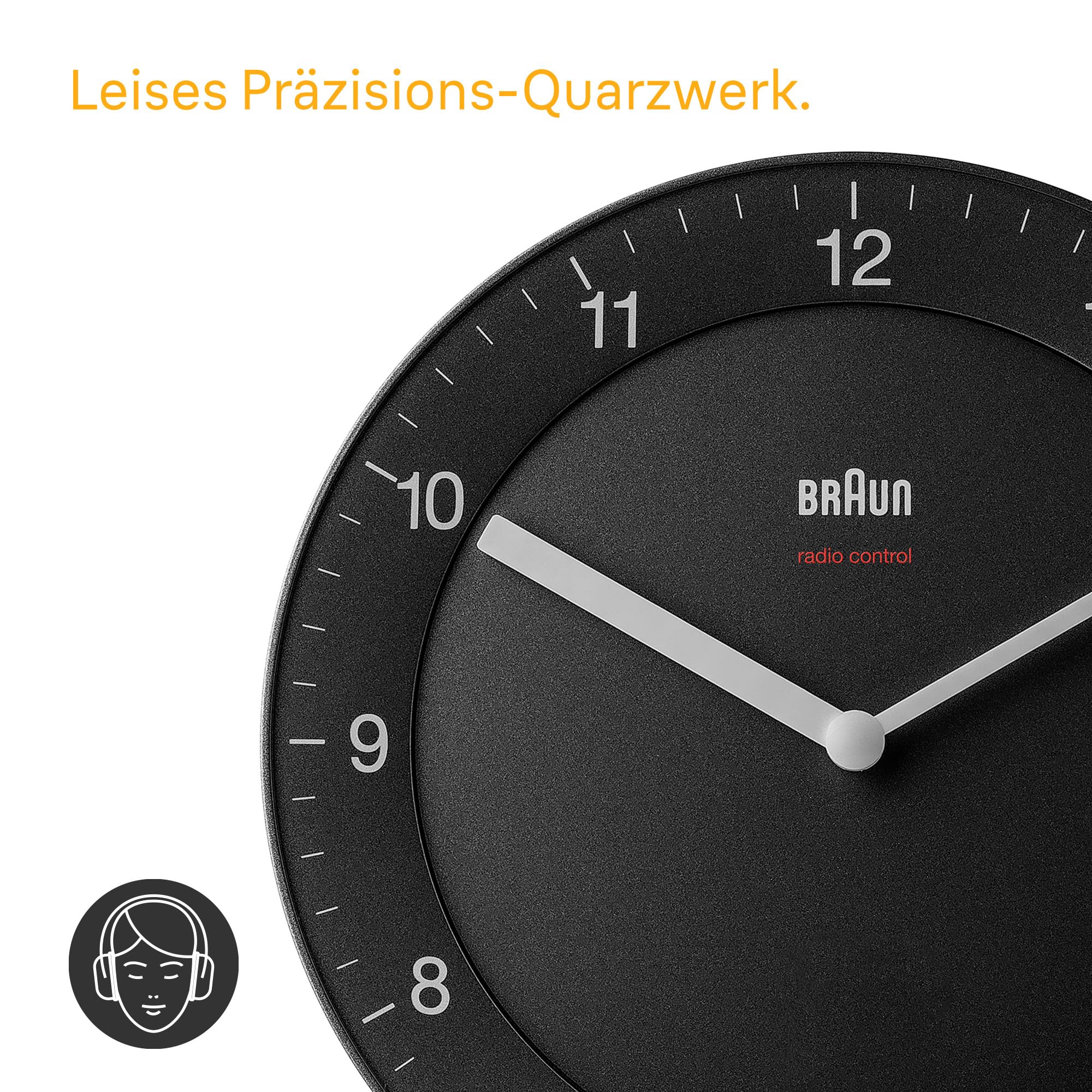 Braun Klassische Funkwanduhr Mitteleuropäische Zeitzone (MEZ/GMT+1) mit ruhigem Uhrwerk, leicht lesbarem Zifferblatt mit 20 cm Durchmesser in Schwarz, Modell BC06B-DCF.