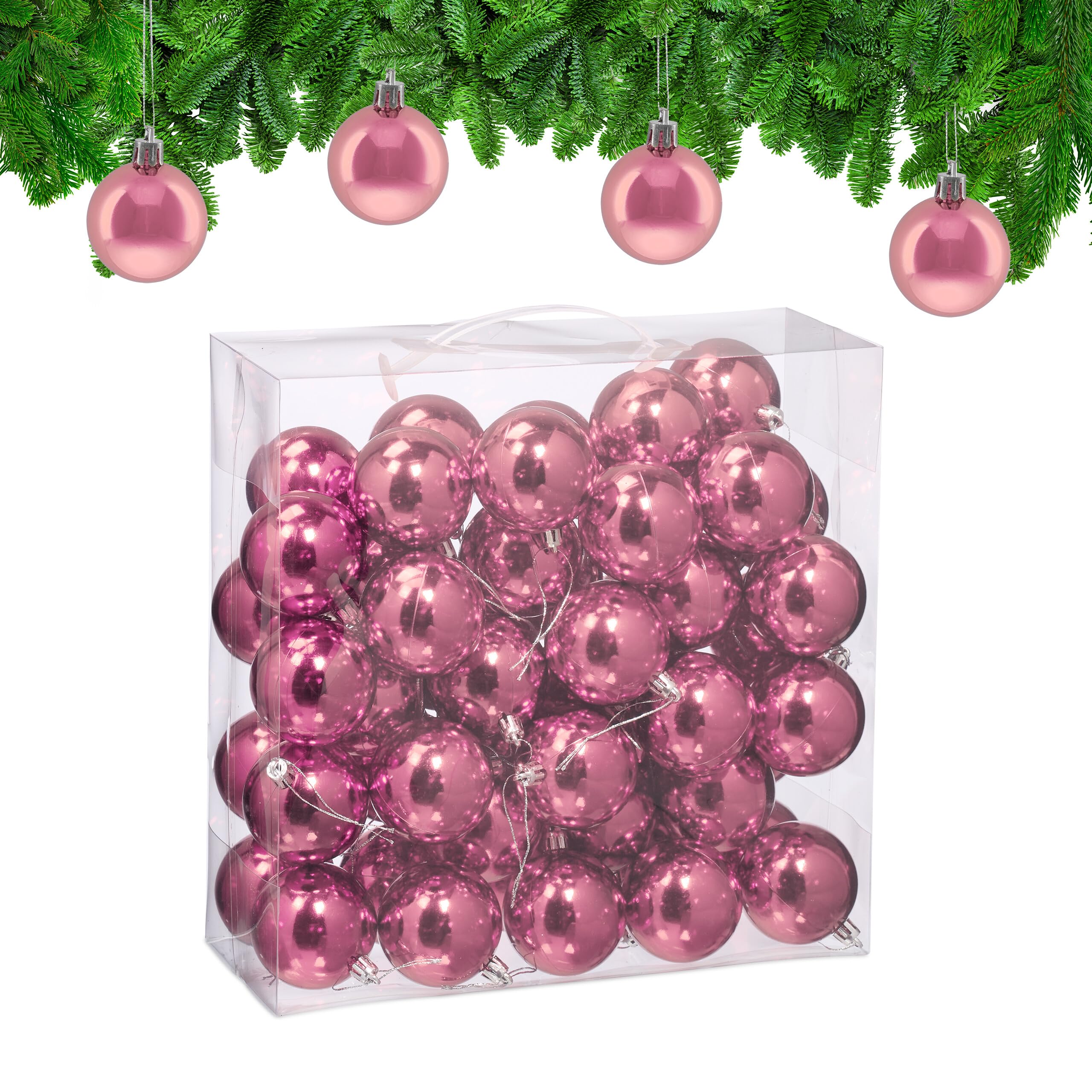 Relaxdays Weihnachtskugeln im 50er Set, Kunststoff, D: 6 cm, Festliche Weihnachtsbaumdeko, Baumschmuck glänzend, rosa