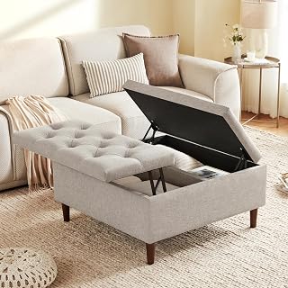 35 Inch Extra Large Storage Ottoman Coffee Table, No Assembly Required, Oversized Square Ottoman with Storage, Tufted Upholstered Ottomans Coffee Table for Living Room (Fabric, Light Grey)