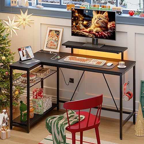 Miniatura 49 de Bestier Escritorio en forma de L de 58 L con tomas de corriente, escritorio esquinero para oficina en casa con estantes reversibles y luces LED,