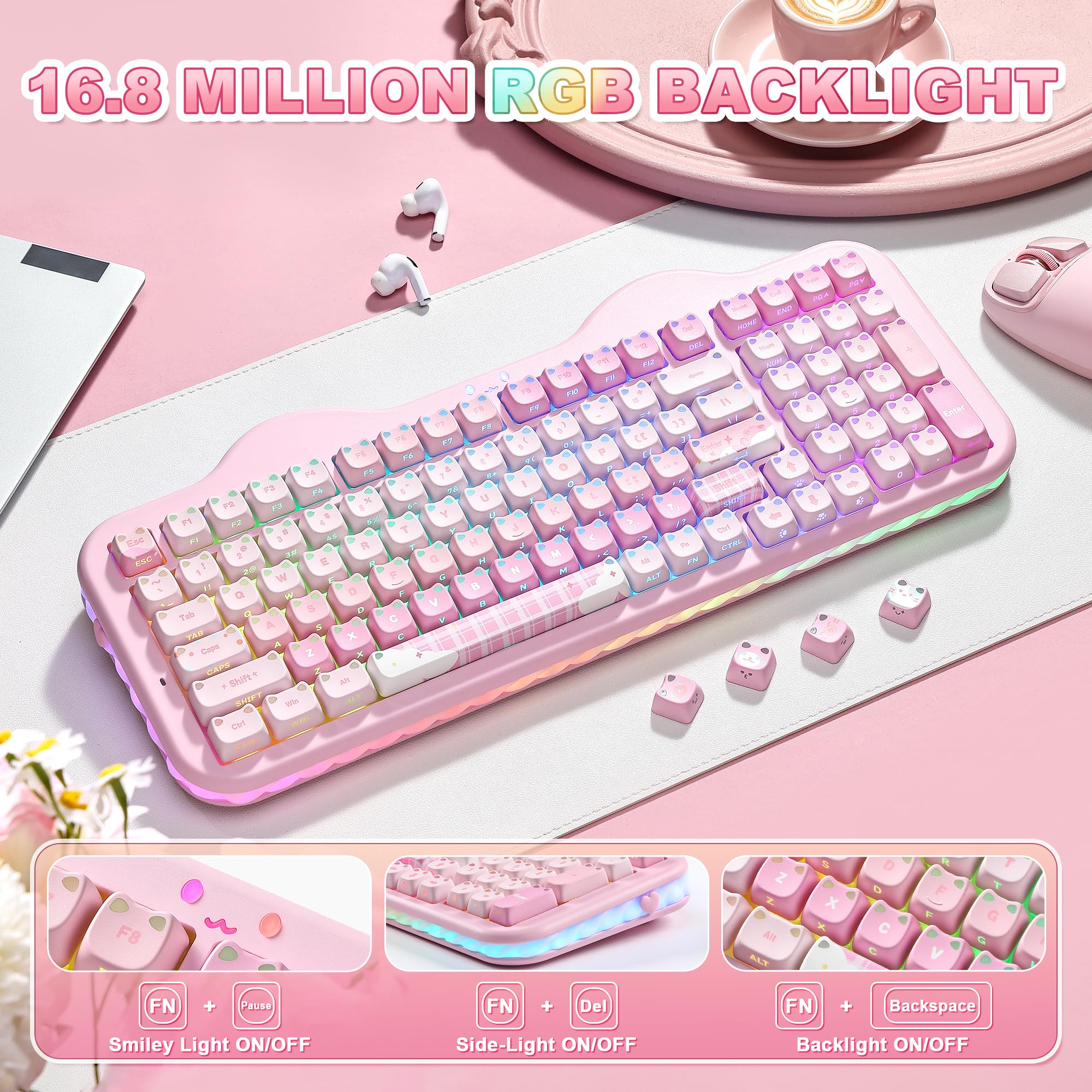 YUNZII C98 Klawiatura mechaniczna (Różowy, Milk V2 Linear Switch) | BT5.0/2.4G/USB-C, Hot Swap Gasket Mount, przezroczyste MOA keycapy, RGB, motyw Cake, Win/Mac