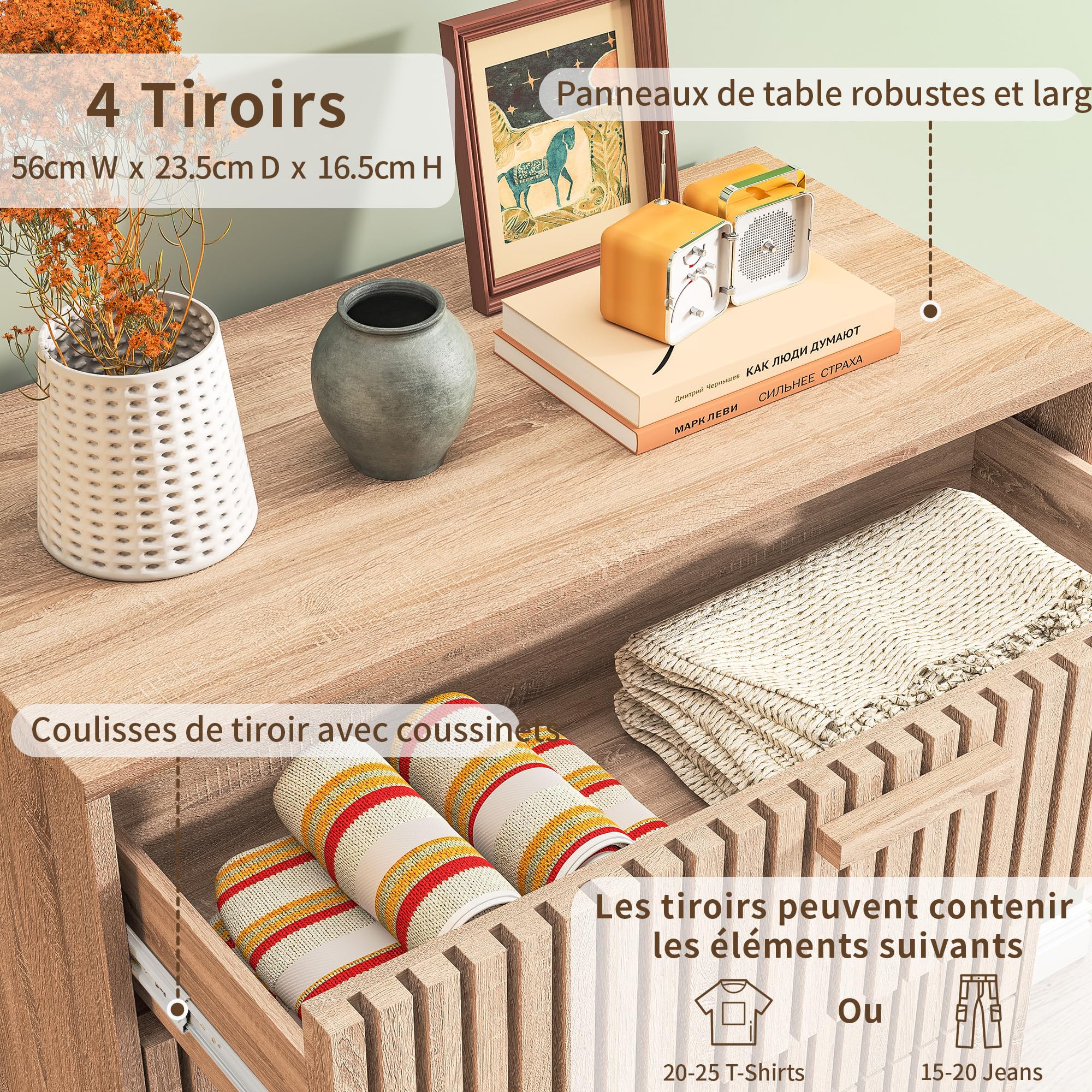 Commode 4 Tiroirs,Armoire à Tiroirs en Bois Massif Meuble à Tiroirs Rangement Buffet Bas Meuble à Tiroirs Rotin Commode Chambre Table de Chevet Buffet Bois (Couleur Bois Massif, 4 tiroirs-2)