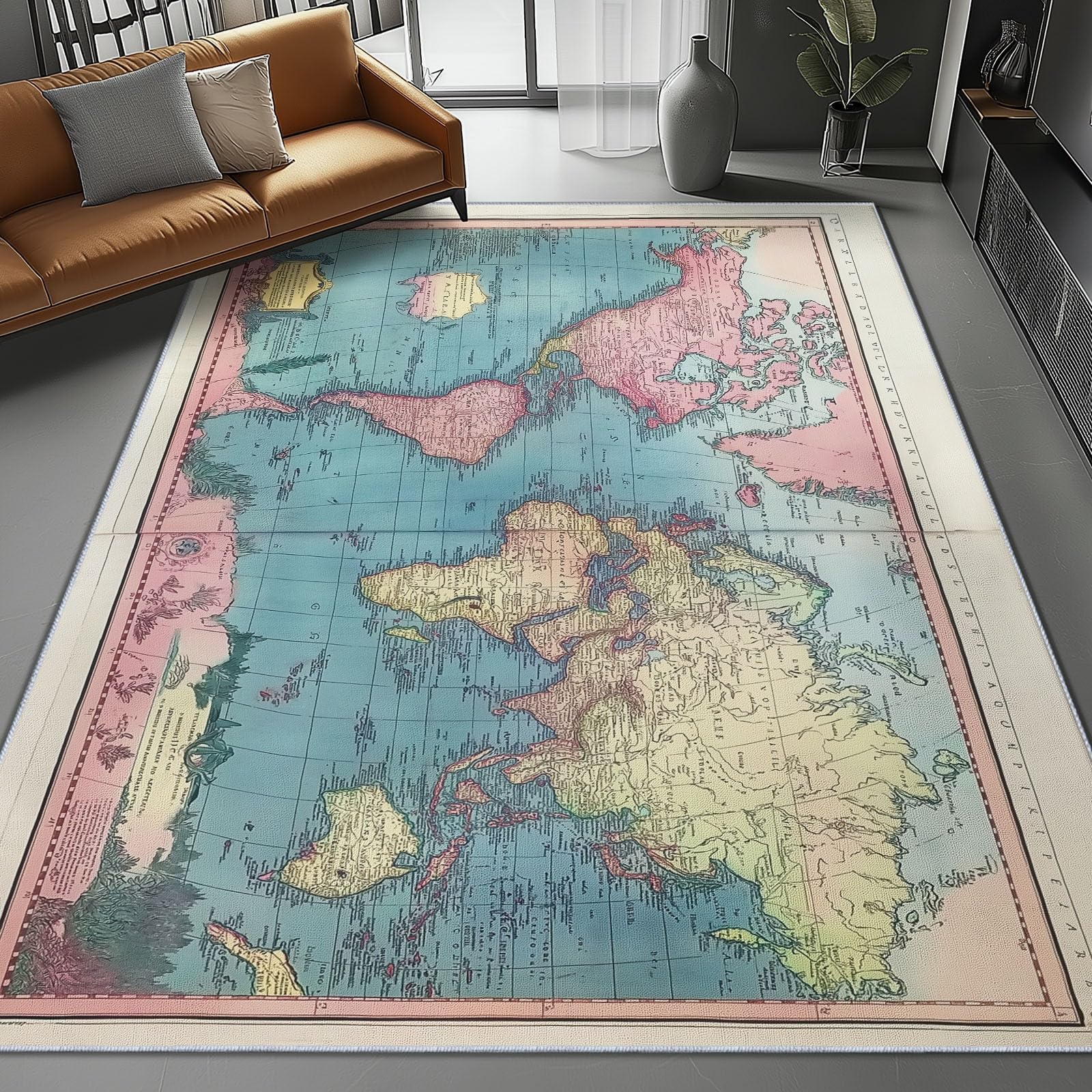 Tapis antidérapant 140x200 cm rose et bleu style rétro pour salon