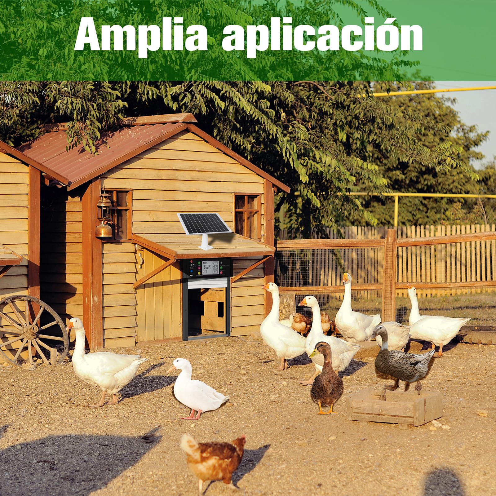 Puerta Automática para Gallinero Control de Aplicación, Pantalla LCD, Control mediante Aplicación, Control Remoto, Sensor de Luz, Temporizador y Manual, Carga Solar y USB, Antipinzamiento, Impermeable