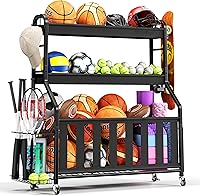 Keepmisc Rolling Sports Equipment Organizer - Ball Storage Cart with Locking Wheels, Bat Rack & Hooks