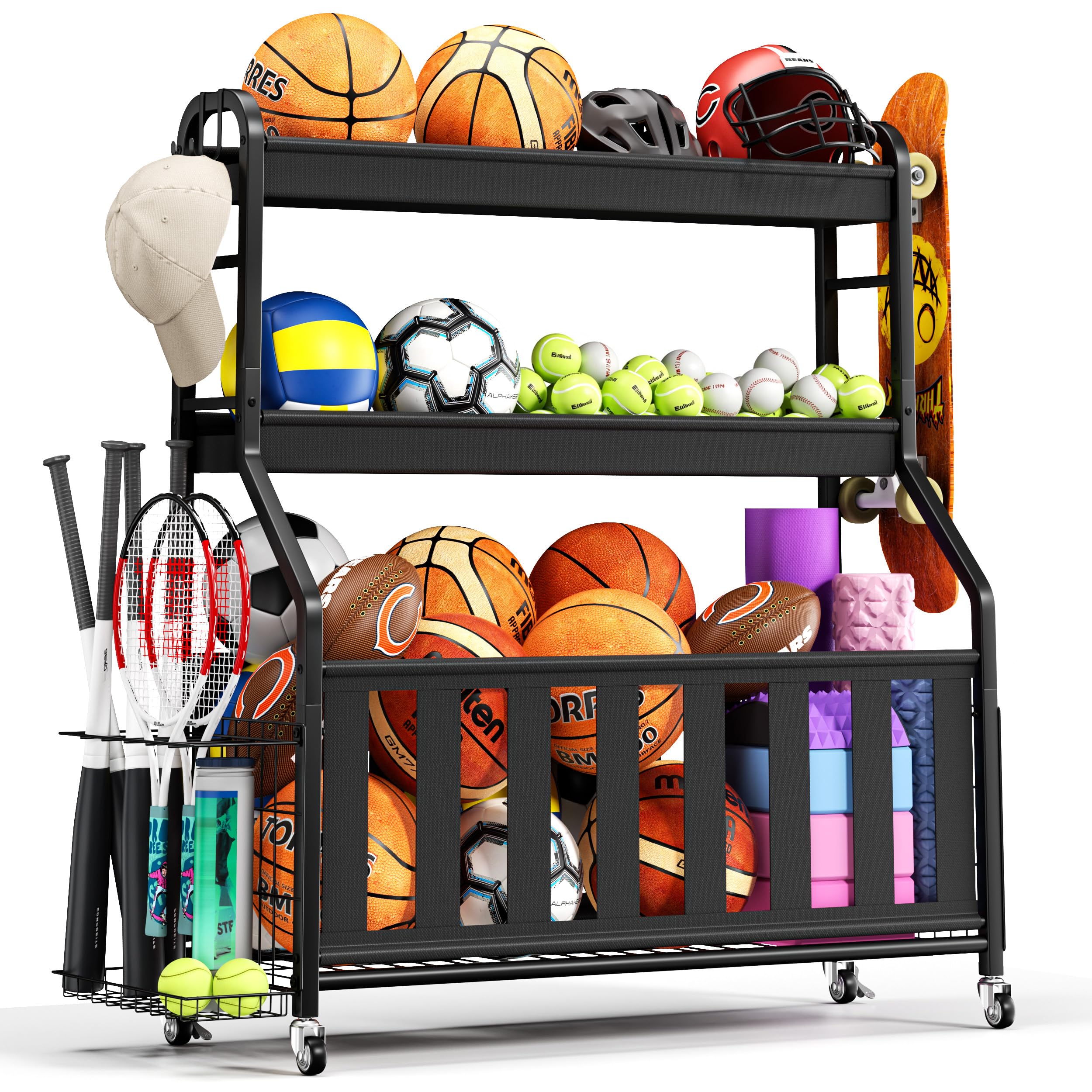 Keepmisc Sports Equipment Organizer, Large Capacity Garage Ball Storage Rack with Wheels, Heavy-Duty Rolling Ball Cart for Basketball, Soccer & Sports Gear
