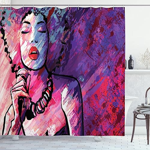 Miniatura 83 de Ambesonne Cortina de ducha hawaiana, diseño de hibisco hawaiano tropical, silueta de niña, tabla de surf, impresión de arte retro, juego de Fucsia